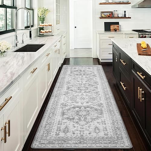 Miniatura 3 de BEIMO Alfombra de pasillo de cocina de 2 x 7 pies, lavable a máquina, alfombra para dormitorio, alfombra envejecida con estampado vintage, gris,
