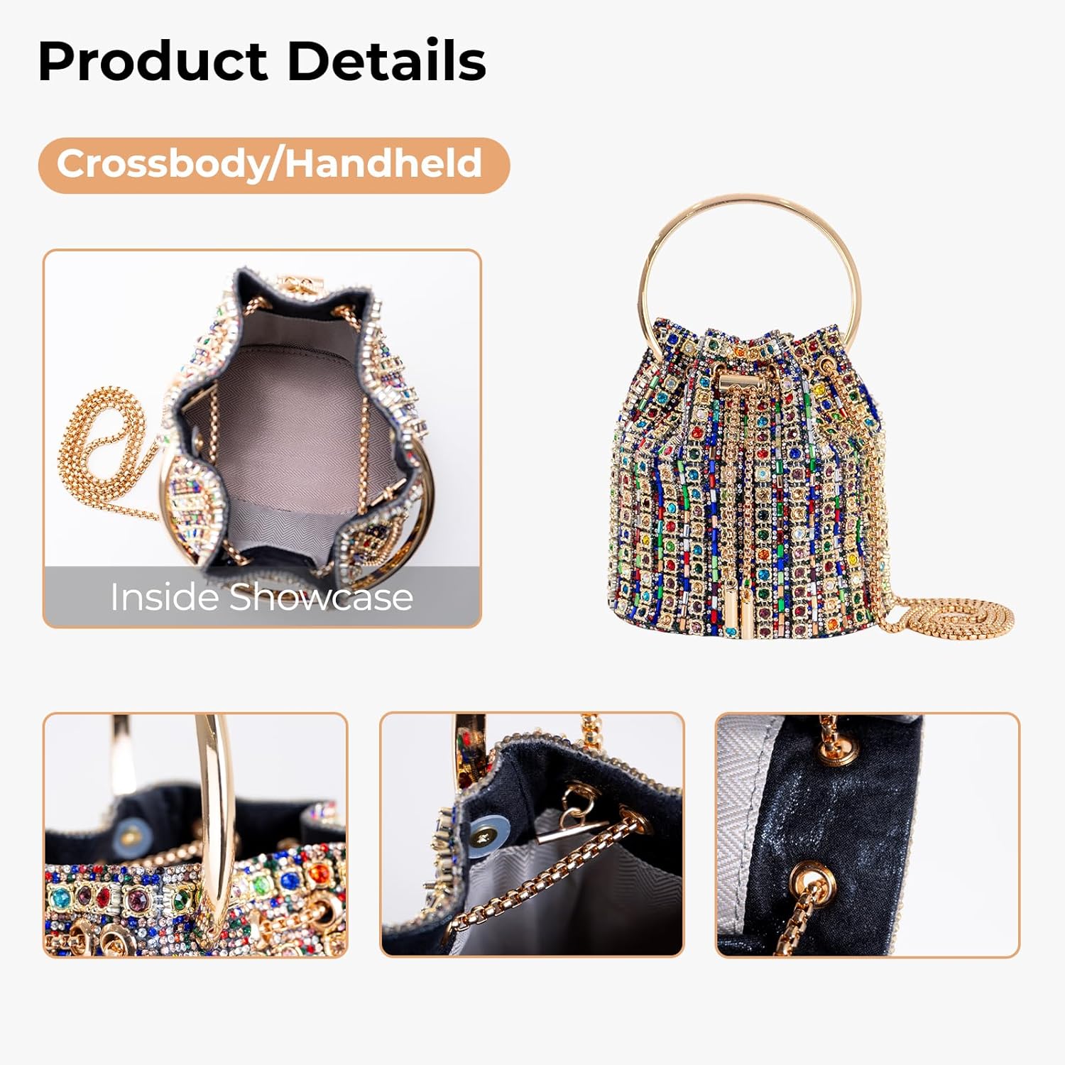 embellished Bucket Bag with Ring Handle, Multicolor Crystal Rhinestone, Gold Chain Strap, Evening Clutch