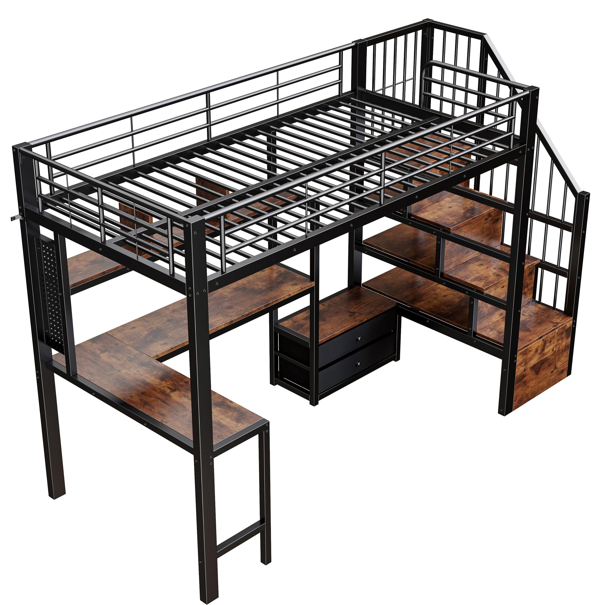 Merax Hochbett 90x200 cm mit Schreibtisch, Treppe mit Regal und Rausfallschutz, Funktionsbett Kinderhochbett mit LED, 2 Schubladen, integrierter Kleiderstange, Metallbett (ohne Matratze), Schwarz