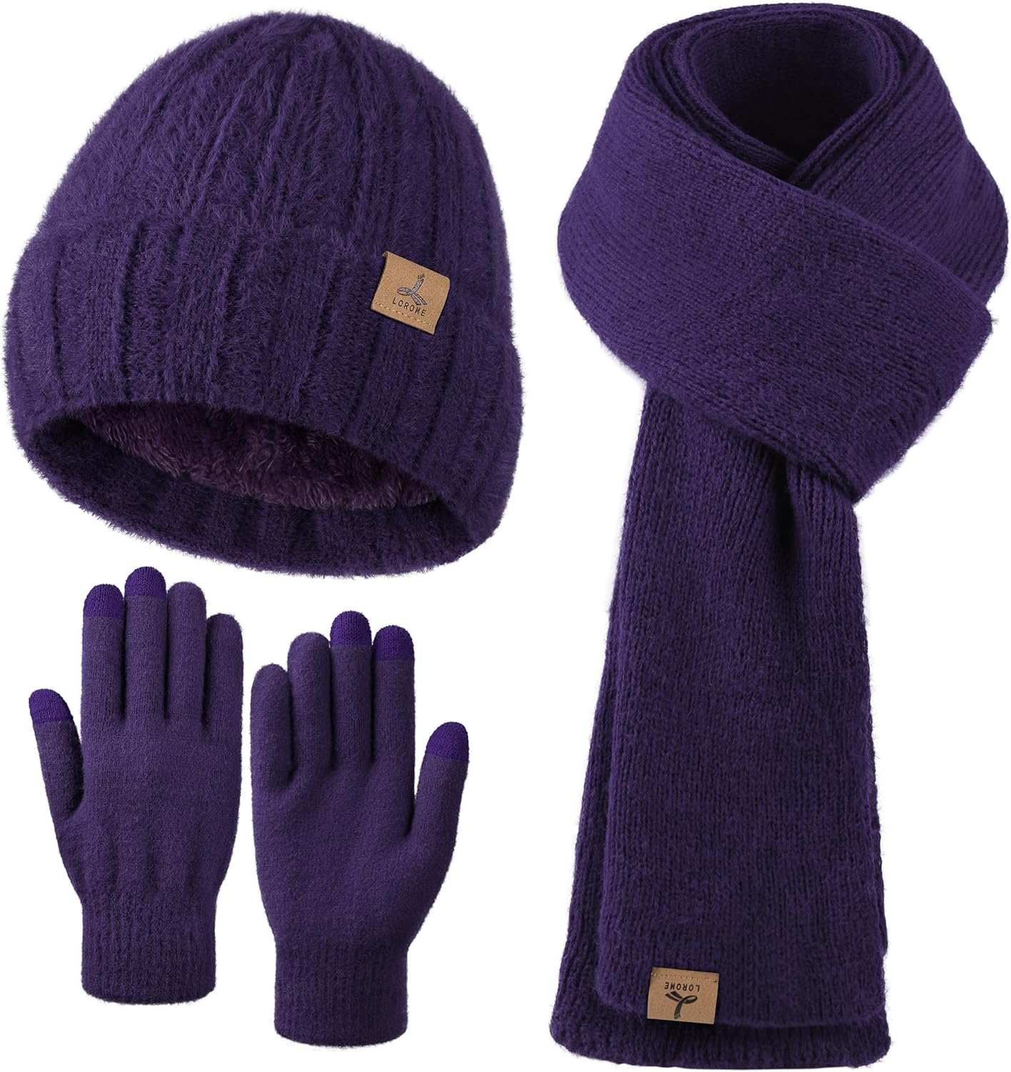 Winter Beanie Hat Scarf Gloves, Warm Fleece Knit Hat Long Scarf Neck Warmer Touch Screen Winter Gloves Set Gifts for Women