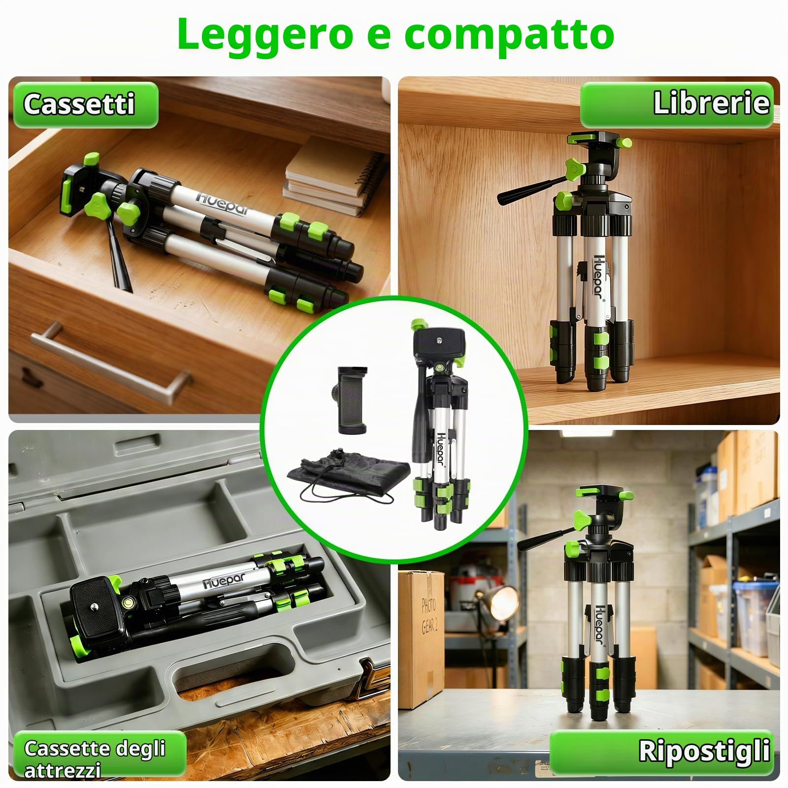 Huepar TPD05A1 Treppiede In Alluminio 50 Cm – Regolabile A 3 Sezioni, Con Livella, Piastra Quick Release E Supporto Per Smartphone