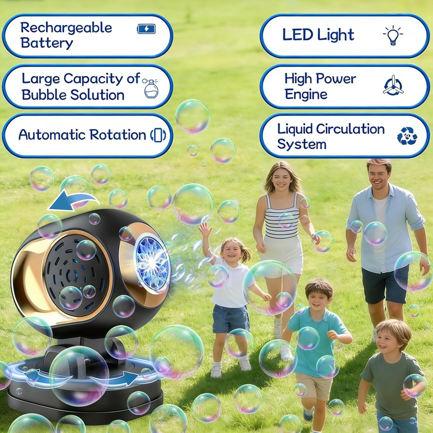 Bubble Machine Automatic Bubble Blower for Kids, 20000+ Big Bubbles Per Minute, Rotating Design, Led Light, Rechargeable Bubble Machine for Parties Wedding Birthday Summer Outdoor Indoor