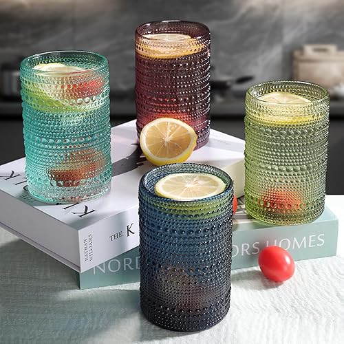 Miniatura 7 de Juego de 4 vasos para beber Hobnail de 15 onzas, vasos vintage de Júpiter para beber, cristalería antigua en relieve para cerveza, agua, jugo,