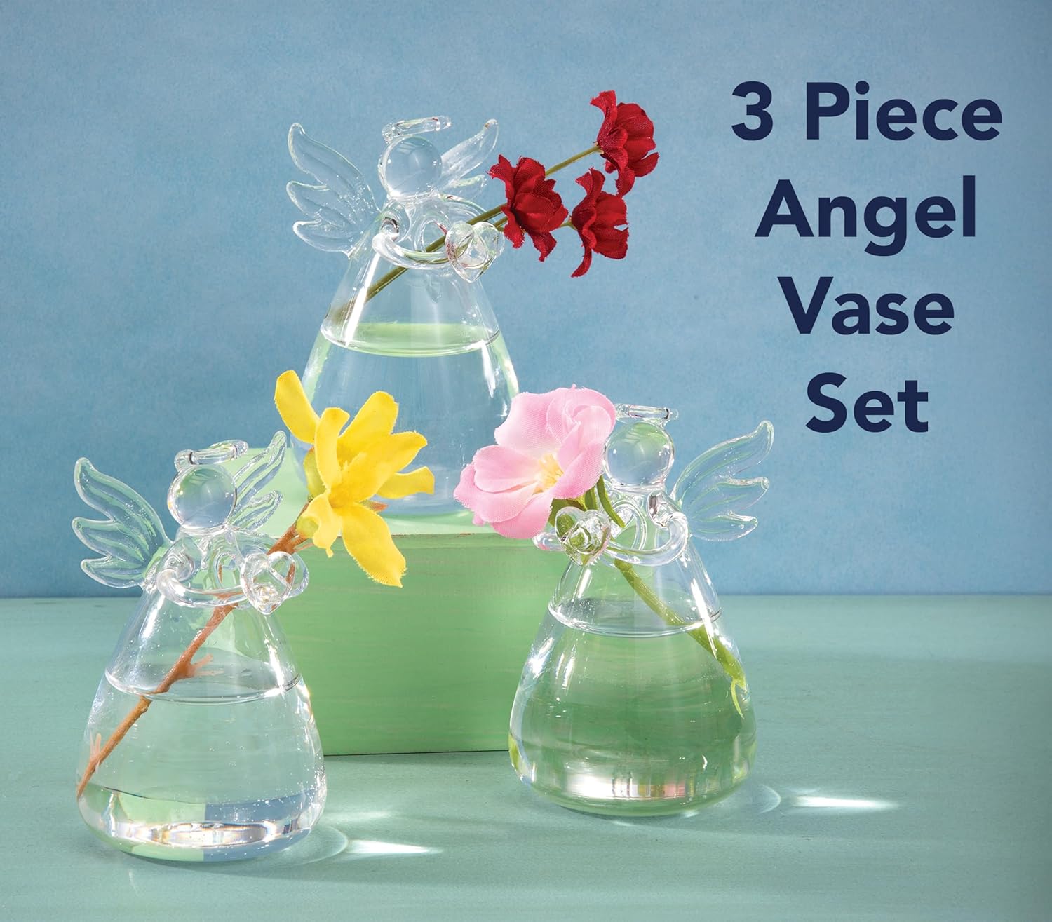 Bits and Pieces 3 Pcs Hanging Guardian Angel Flower Vases - Set of 3 Glass Bud Vases - Clear Glass Angel Ornaments, 3 1/2 Inches