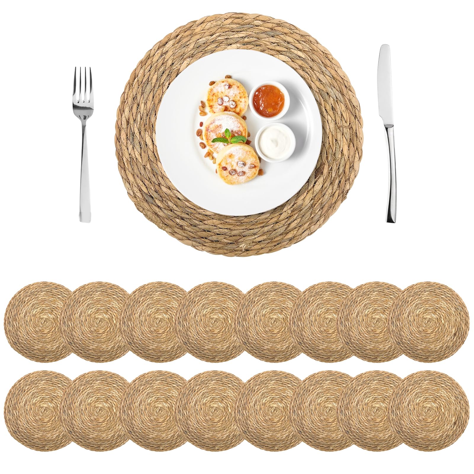 16er Set Runde Geflochtene Tischsets, 30 cm Boho Rohrkolben-Platzsets