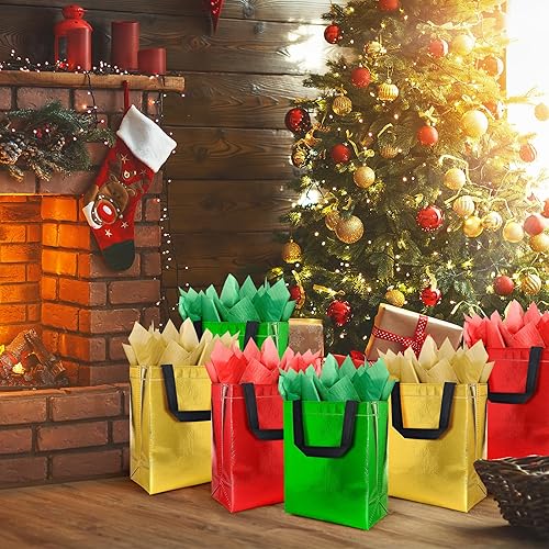 Miniatura 4 de Whaline 12 bolsas de regalo de Navidad no tejidas con 36 piezas de papel de seda rojo, verde y dorado, bolsas de regalo reutilizables, bolsas de