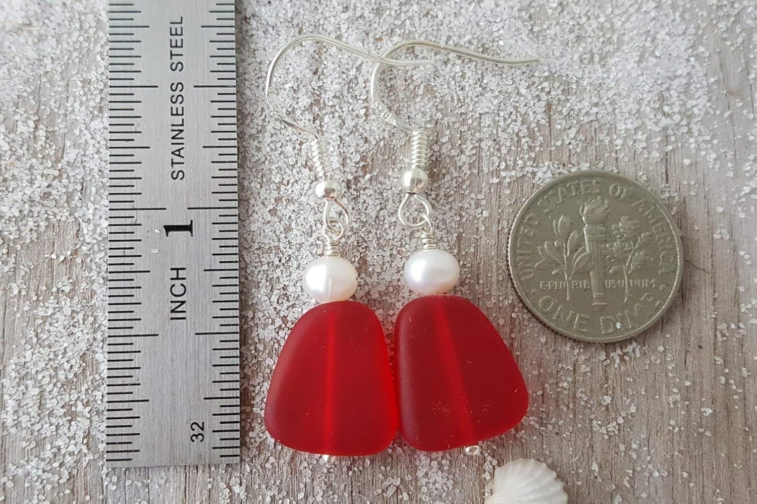 YInahawaii Handmade red sea glass earrings, Natural pearl, "January Birthstone ", (Hawaii Gift Wrapped, Customizable Gift Message)