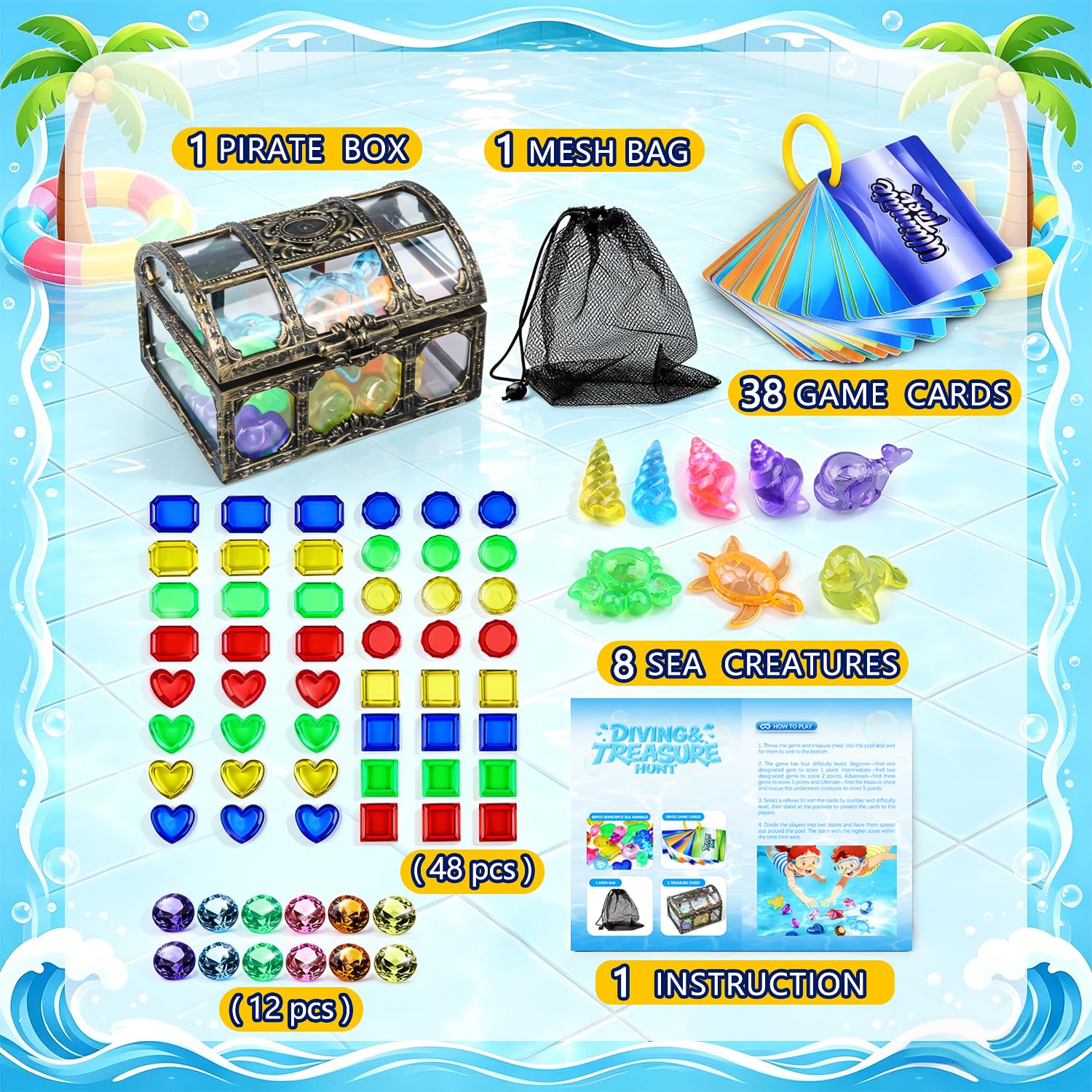 SIENON Tauchspielzeug für Kinder, 109 Stück Pool-Spielset für die Unterwasser-Schatzsuche, 60 sinkende Edelsteine, 8 Meerestiere, 1 Piraten-Schatzkiste, 38 wasserfeste Karten, Spaß Wasserspielzeug