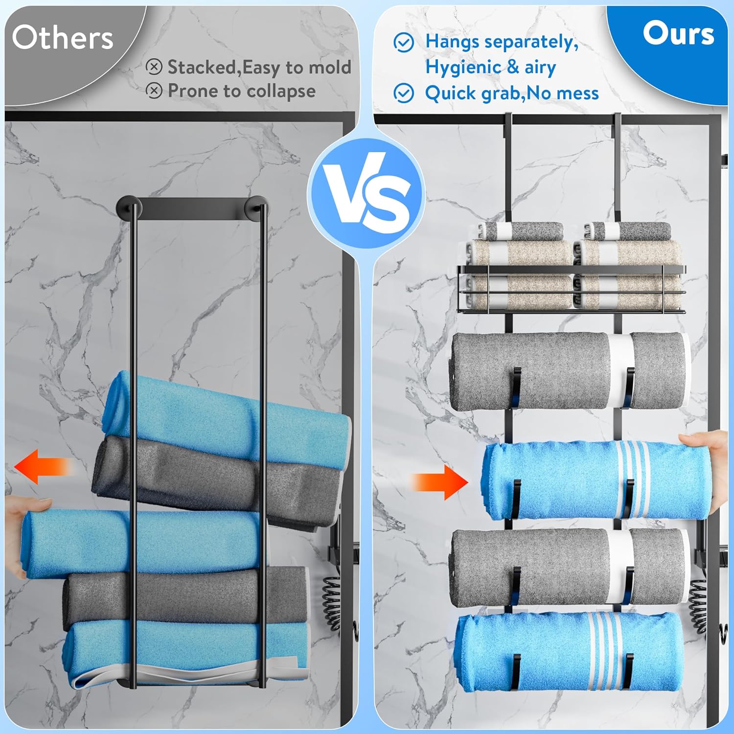 Over The Door Towel Rack, 5-Tier No Drill Towel Storage Organizer with Metal Shelf, Hanging Bath Towel Holder for Small Bathroom, Camper, Rv, Black