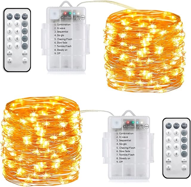 AIGUMI 2 Pack Christmas Fairy Lights Battery Operated, 100LEDs 33ft 8 ModesRemote&Timer Waterproof Fairy String Lights Battery Powered for Indoor,Bedroom,Wall,Wedding,Garden,Party