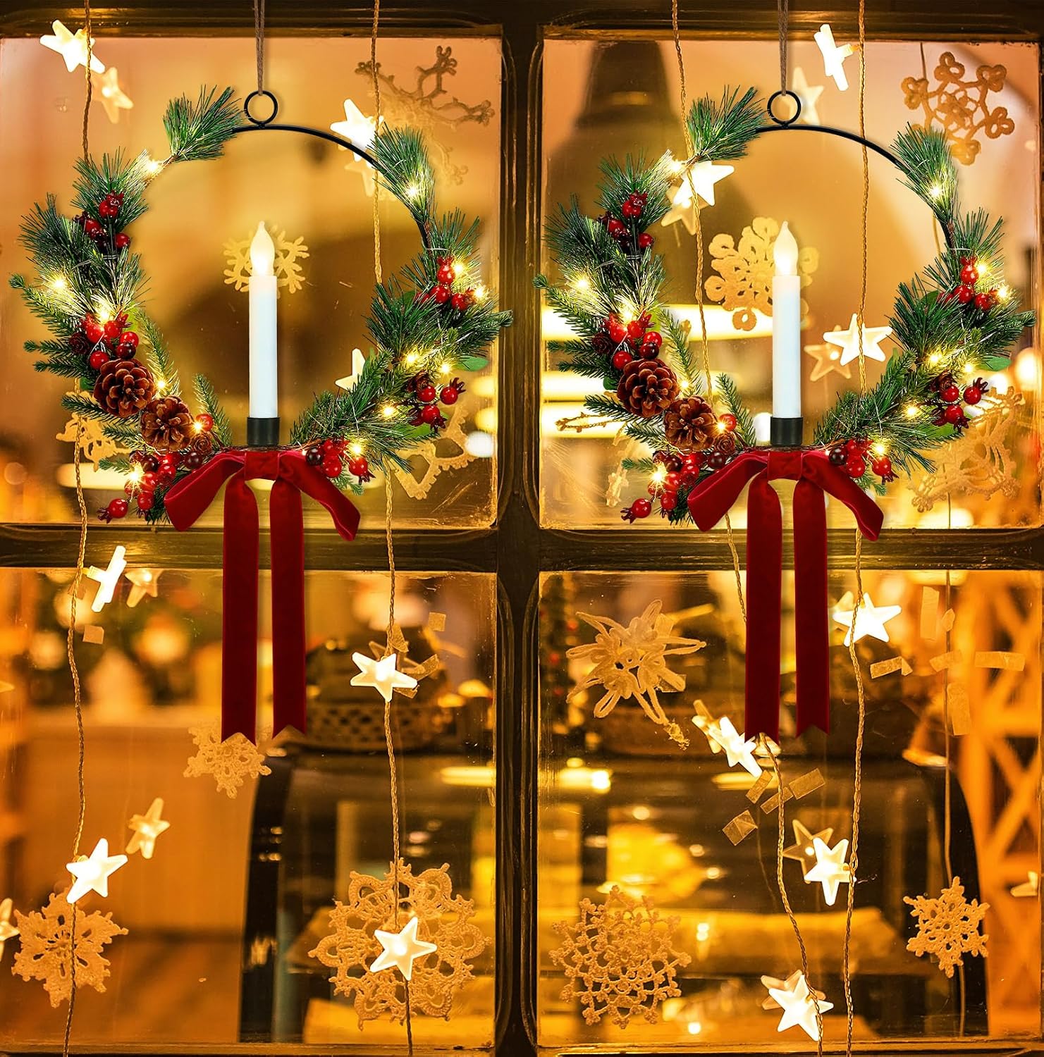 2 Pcs 16 Inch LED Christmas Wreath for Front Door Lighted Flameless Candle Winter Hoop Wreath for Porch Outdoor Window Decor(Holiday Style)