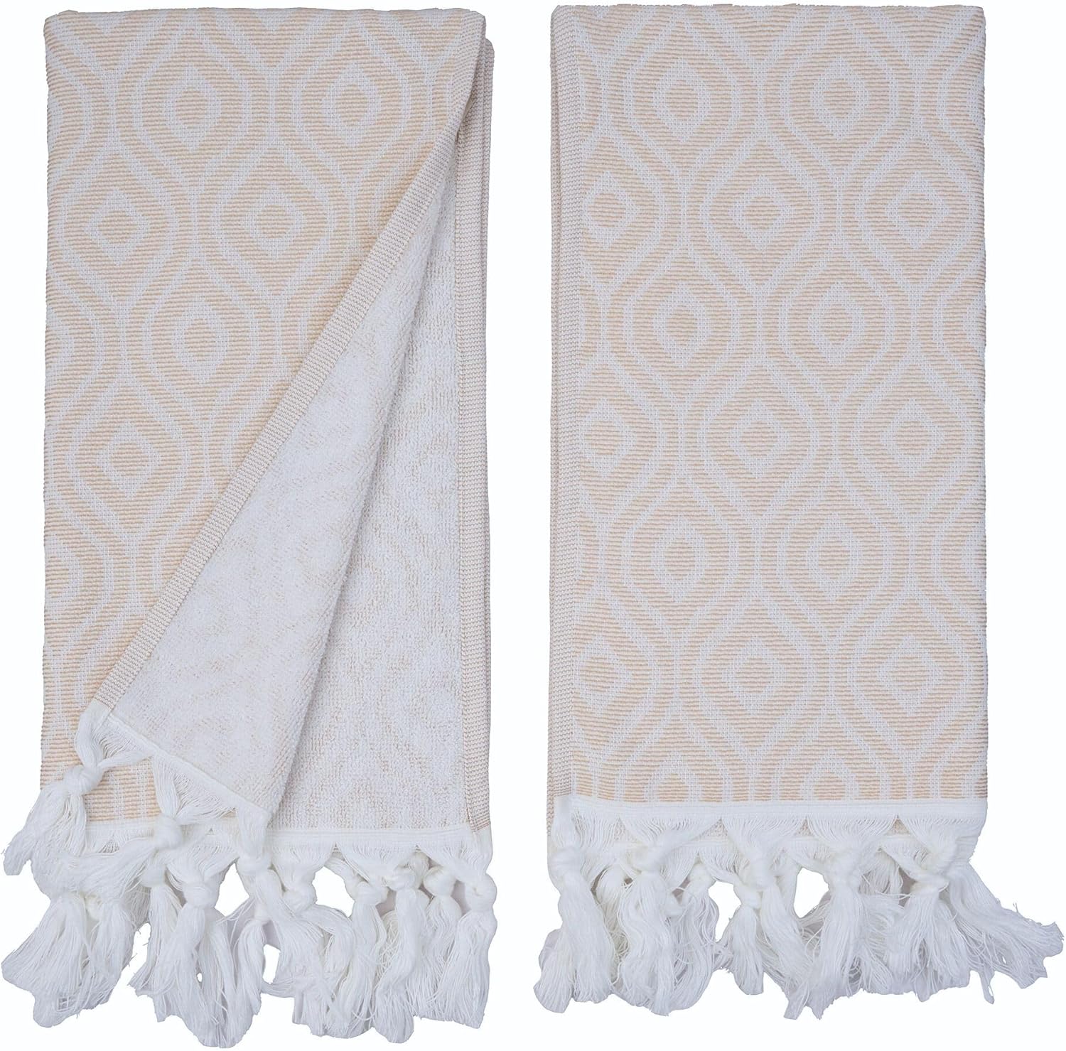 Turkish Cotton Hand Towels Set of 2 – Decorative Kitchen & Bathroom Towels with Woven Front and Terry Backing (Bohemian Rhythm Beige)