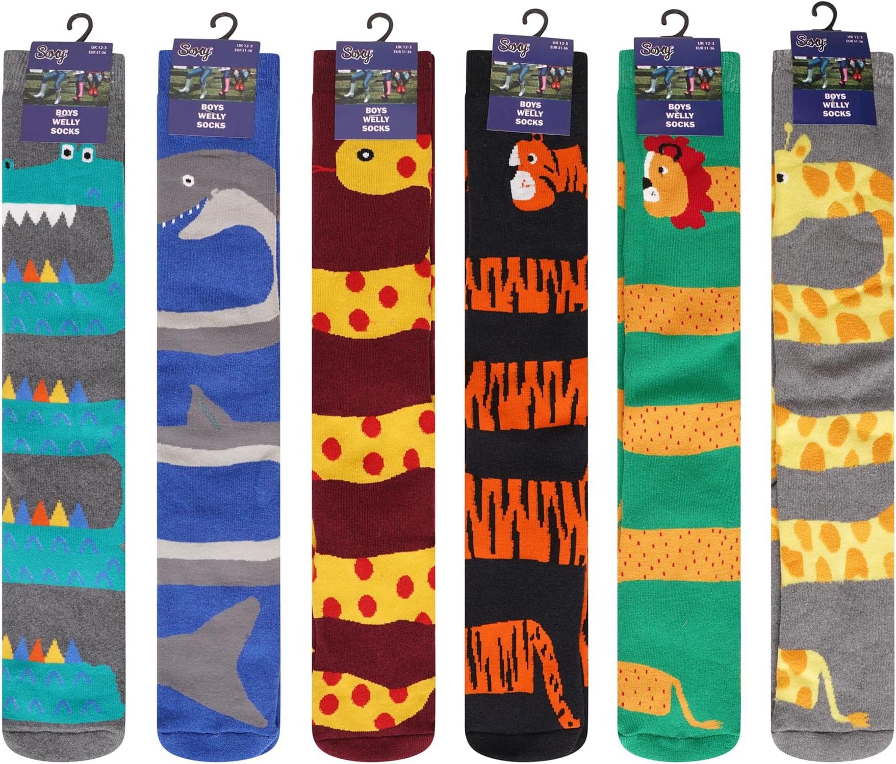 SoxyBoys Girls Design Wellington Boot Socks - 6 Pack - Children Welly Socks - Festival Walking Hiking Thermal Socks - Assorted Fun Animal Designs - UK Shoe Size 9-12, 12-3