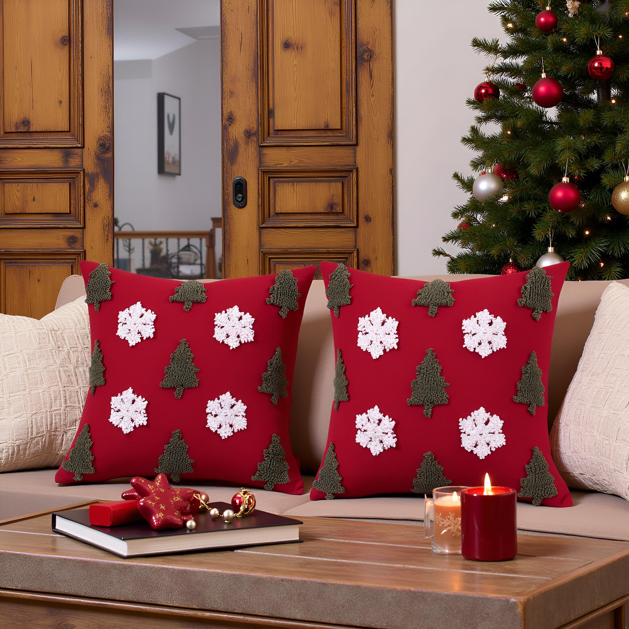 Tosleo Set di 2 federe per cuscino natalizie, motivo albero di Natale, 50,8 x 50,8 cm, decorazioni per feste natalizie, morbide, per divano, letto, soggiorno