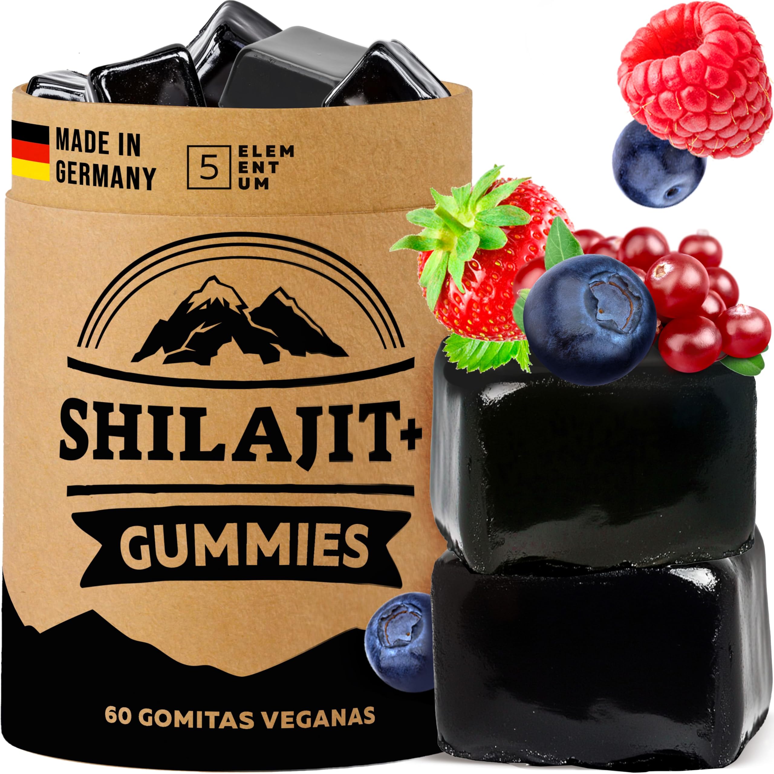 Shilajit Gomas de alta dosis – 1600 mg por dosis diaria (1 mes de suministro) – Con bayas tibetanas – 100% natural y vegano – Energía, enfoque y sistema inmunológico – 60 ositos de goma – Fabricado en