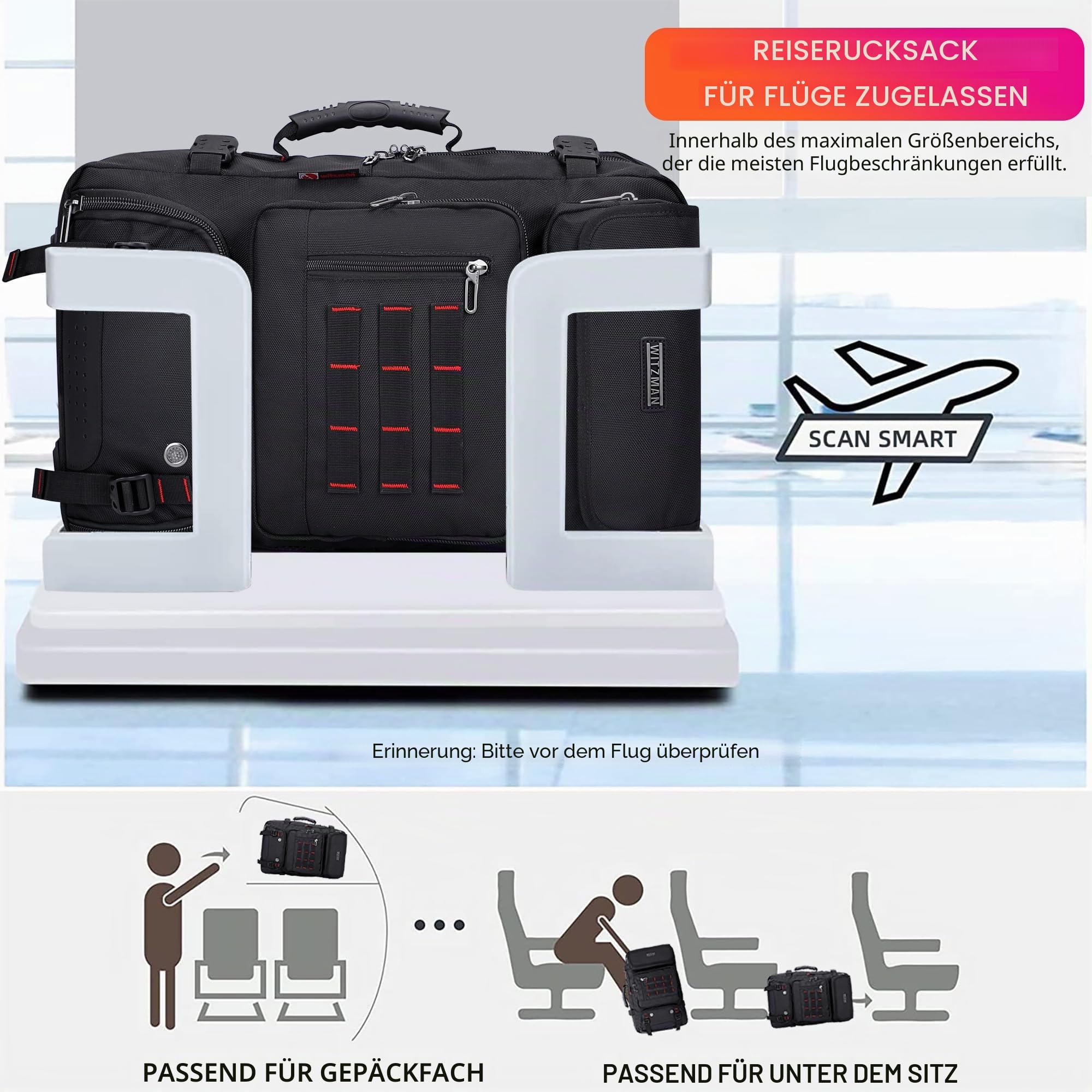 WITZMAN Nylon Reiserucksack Herren mit 16-Zoll-Laptopfach und Schuhfach | Großer Stauraum, Separates Fach und Flexible Nutzung, Ideal für Flugreisen, Urlaub und Geschäftsreisen, B682 Schwarz