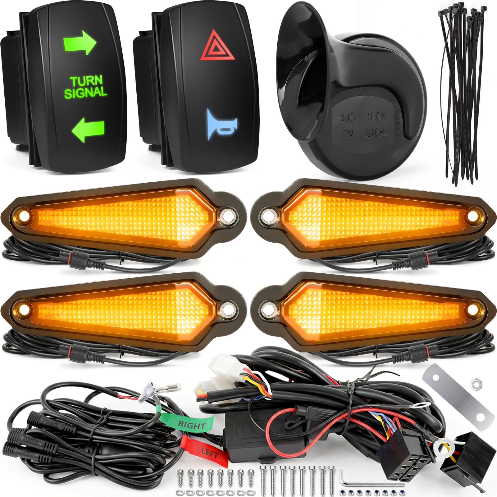 UTV Triangle Turn Signal Kit with Horn &amp; Rocker Switch Wiring Harness Kit, Plug and Play, Hazard Lights, Universal Blinker Street Legal Kit Fit for SXS Polaris Can Am Kawasaki Golf Cart CFMOTO