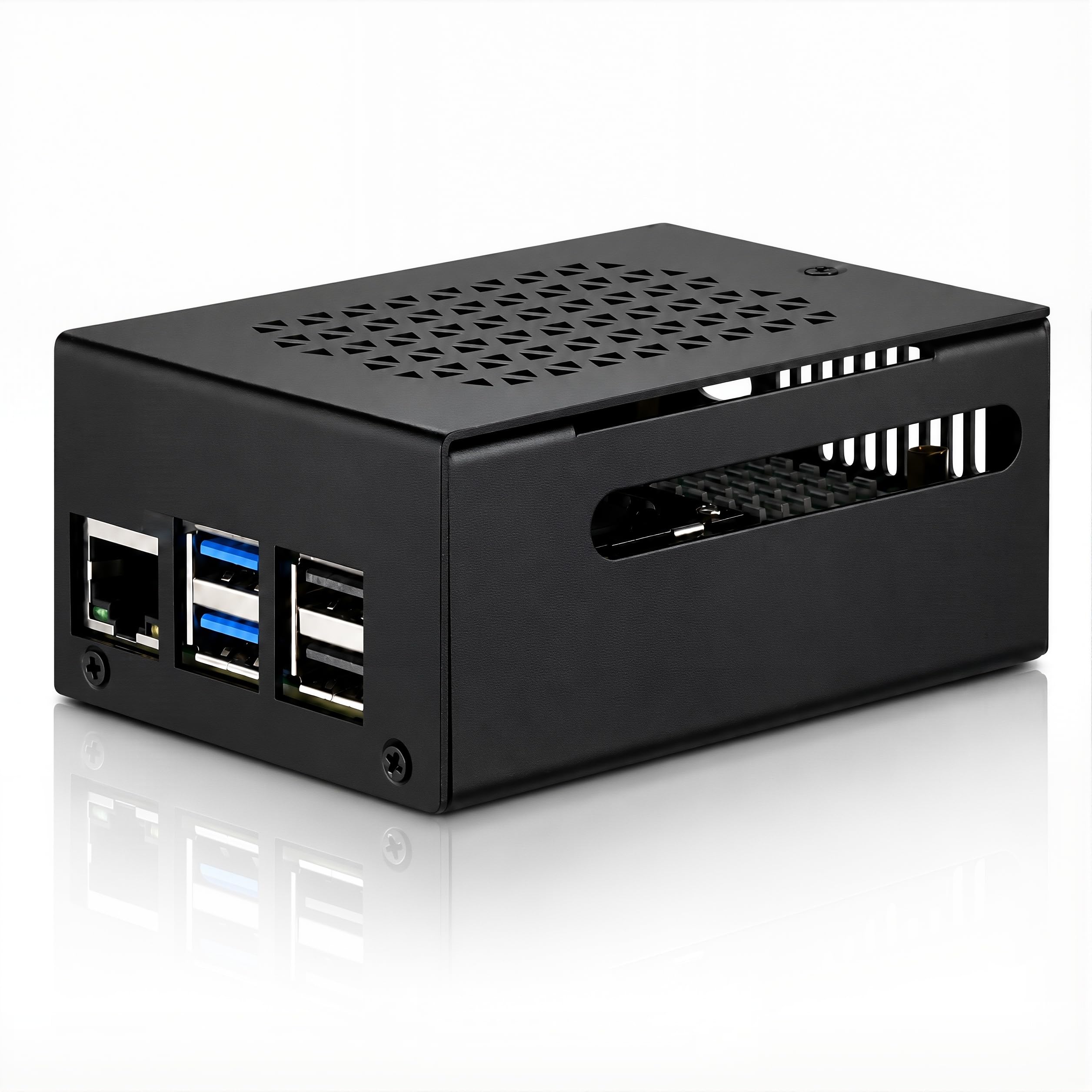 Custodia in metallo per Raspberry Pi 5, supporto Pi 5 Active Cooler, spazio per cappelli, schede aggiuntive, refrigeratore e cappelli NVMe (nero)