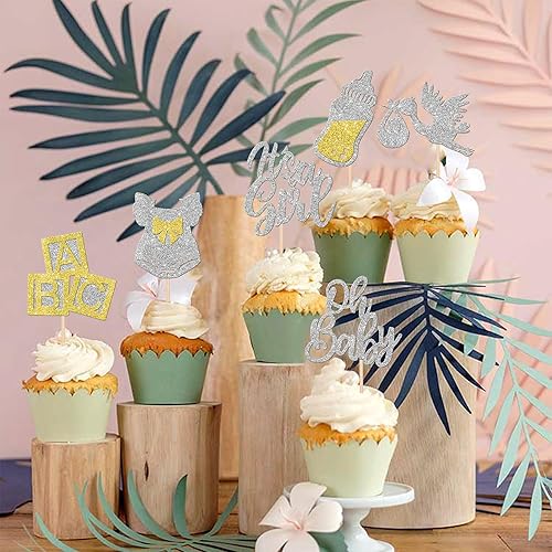 Miniatura 4 de 30 piezas de decoración de cupcakes para baby shower, vestido con lazo con purpurina, biberón para cupcakes "It's a Girl", decoración de pasteles
