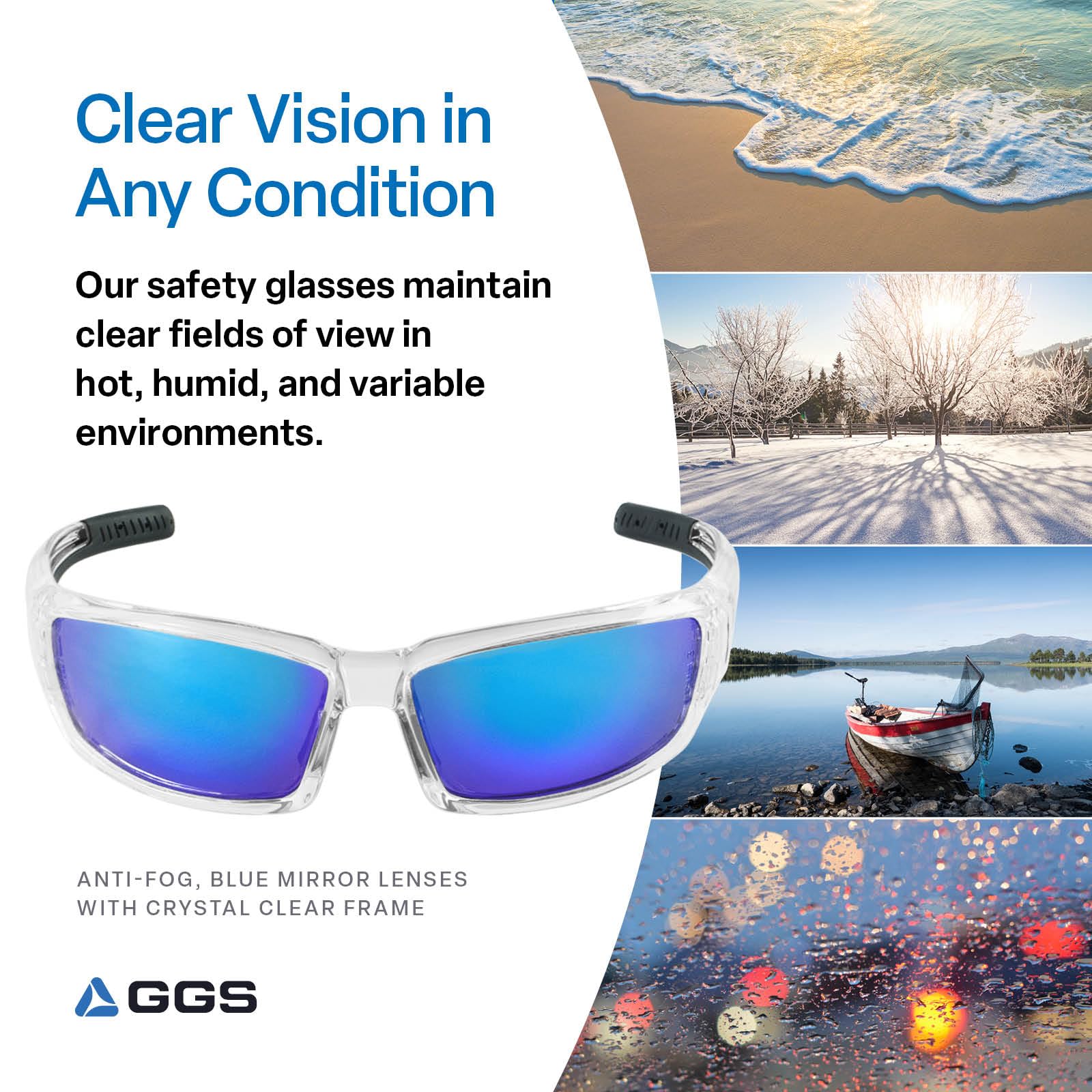 Bullhead Safety Eyewear BH1419AF szkło bezpieczne Maki, jeden rozmiar, krystalicznie czysta rama/zauszniki, niebieskie lustrzane soczewki przeciwmgielne, czarny nos TPR i świątynia (144 na obudowę)