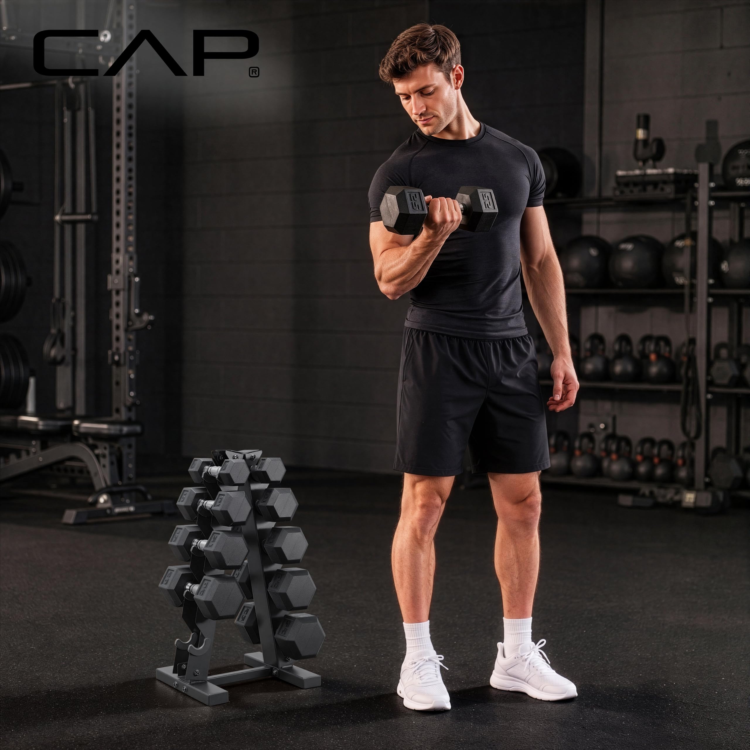 Rubber Coated Hex Dumbbell Set with Storage Rack | 100–210 lb Options, Space-Saving Vertical Compact Storage for Home Gym Strength Training