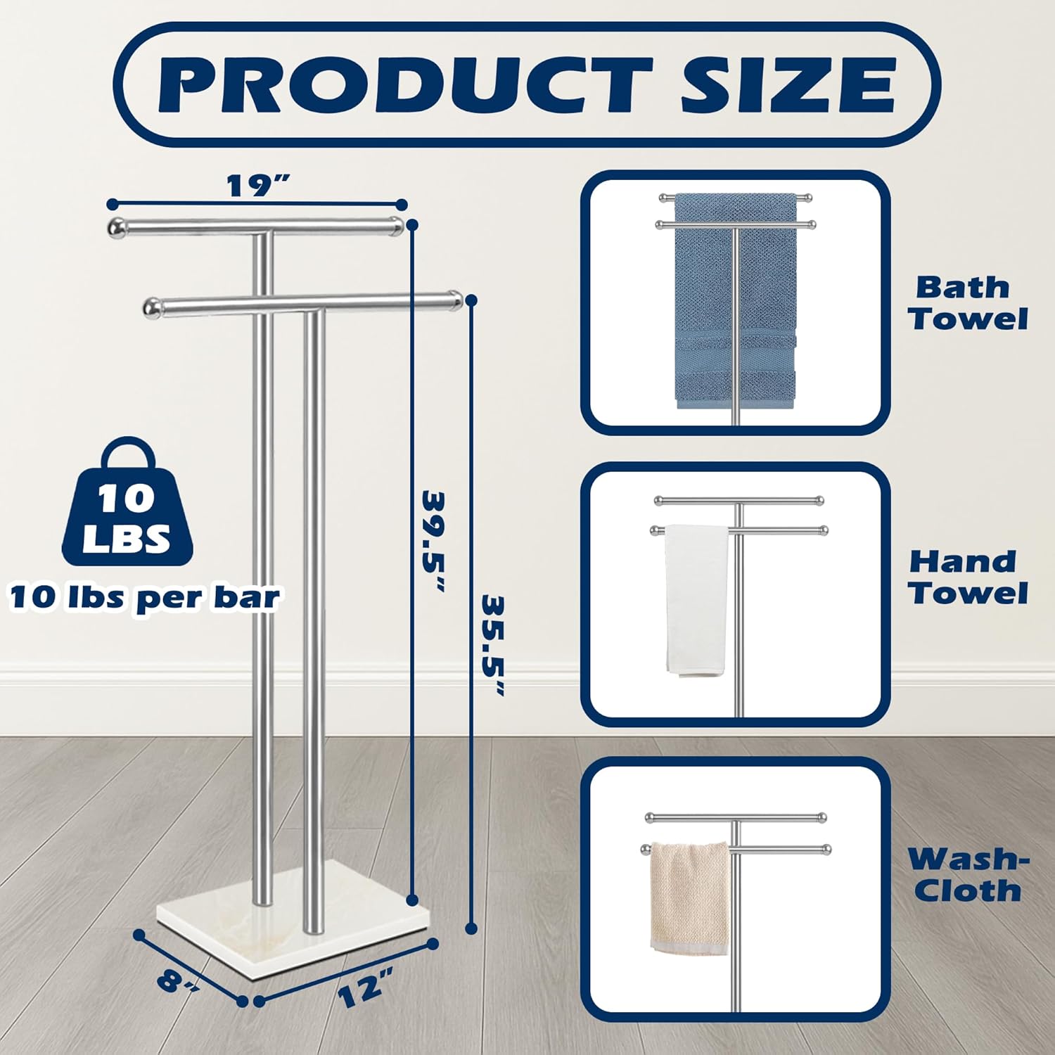 Standing Towel Rack with Marble Base, 2-Tier Free Standing Towel Racks for Bathroom, 40" Height Floor Towel Stand Holder for Bathroom, White
