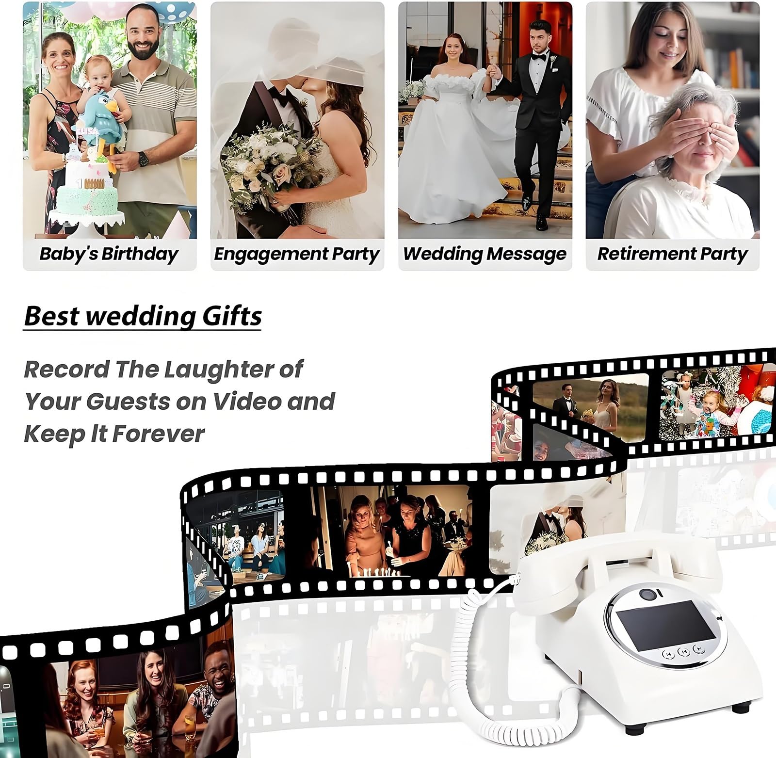 Nowa księga gości weselnych w stylu retro – nagrywanie wideo i audio, 5–7 godzin użytkowania, bateria 5000 mAh na ślub, urodziny, baby shower(Black)