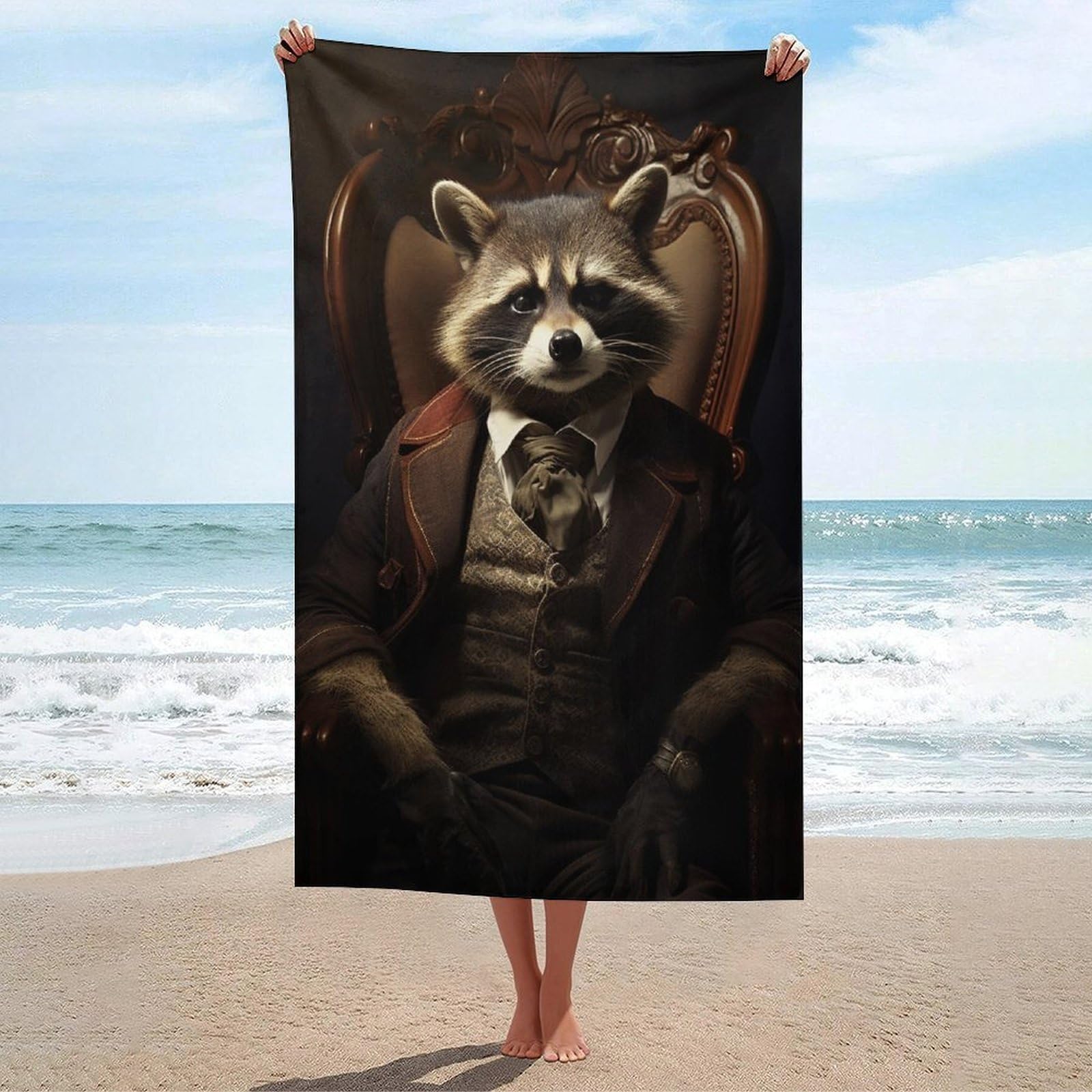 LSRCPD Raccoon Dressed As Gentleman Beach Towel Sand Free Microfiber Large Shower Towels Multipurpose Absorbent for Bathroom Pool 130x80 CM