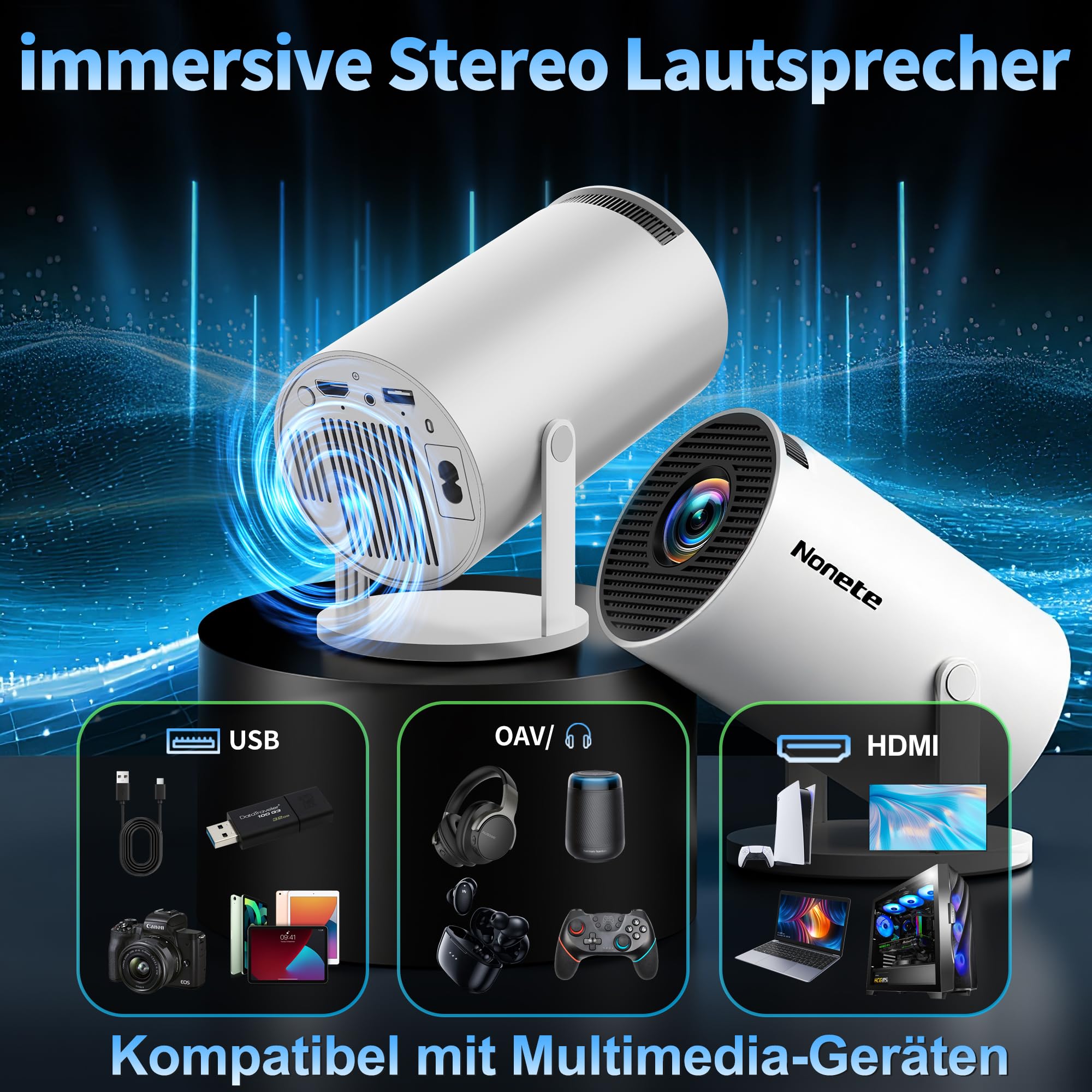 Mini Projector 4K 1080P Full HD Beamer with WiFi 6 BT 5.2, Automatic Keystone 270° Dreh, HDMI/TV Stick/Laptop, Weiß