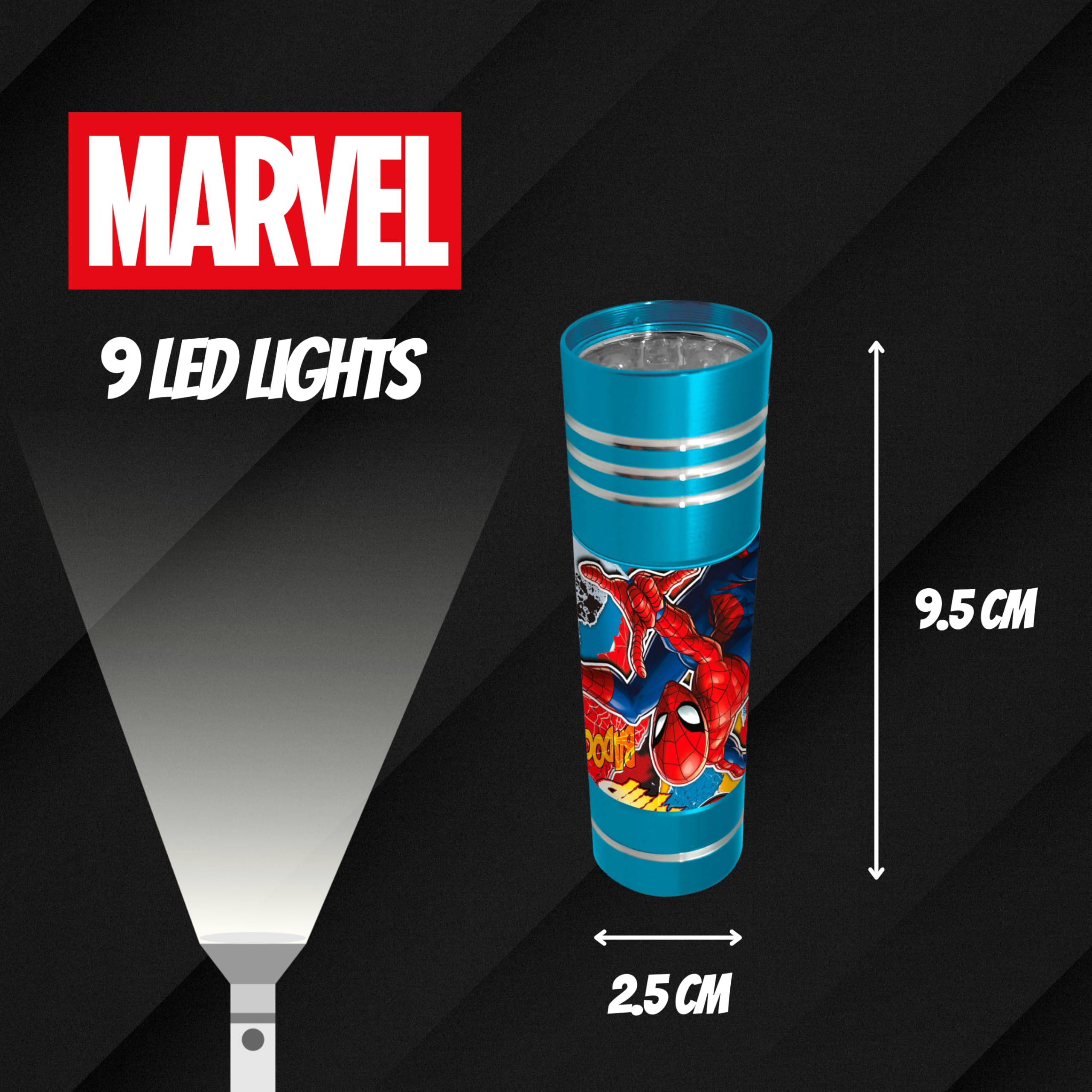Marvel Spider-Man Mini Torcia, Design Torcia Spider-Man, 9 LED, Include Cinturino da Polso, Regalo per Ragazzi (Blu)