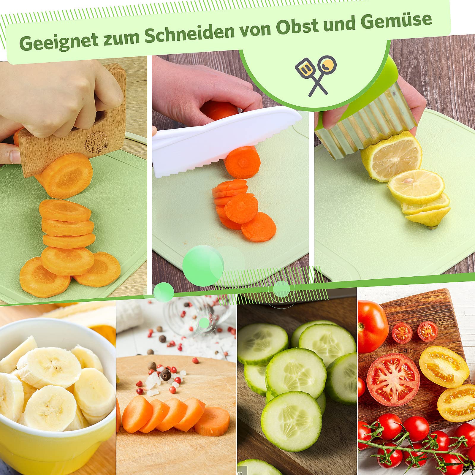 Goodchef Set di coltelli da cucina per bambini, 8 pezzi, per tagliare e cucinare frutta o verdura per bambini, con coltello in legno