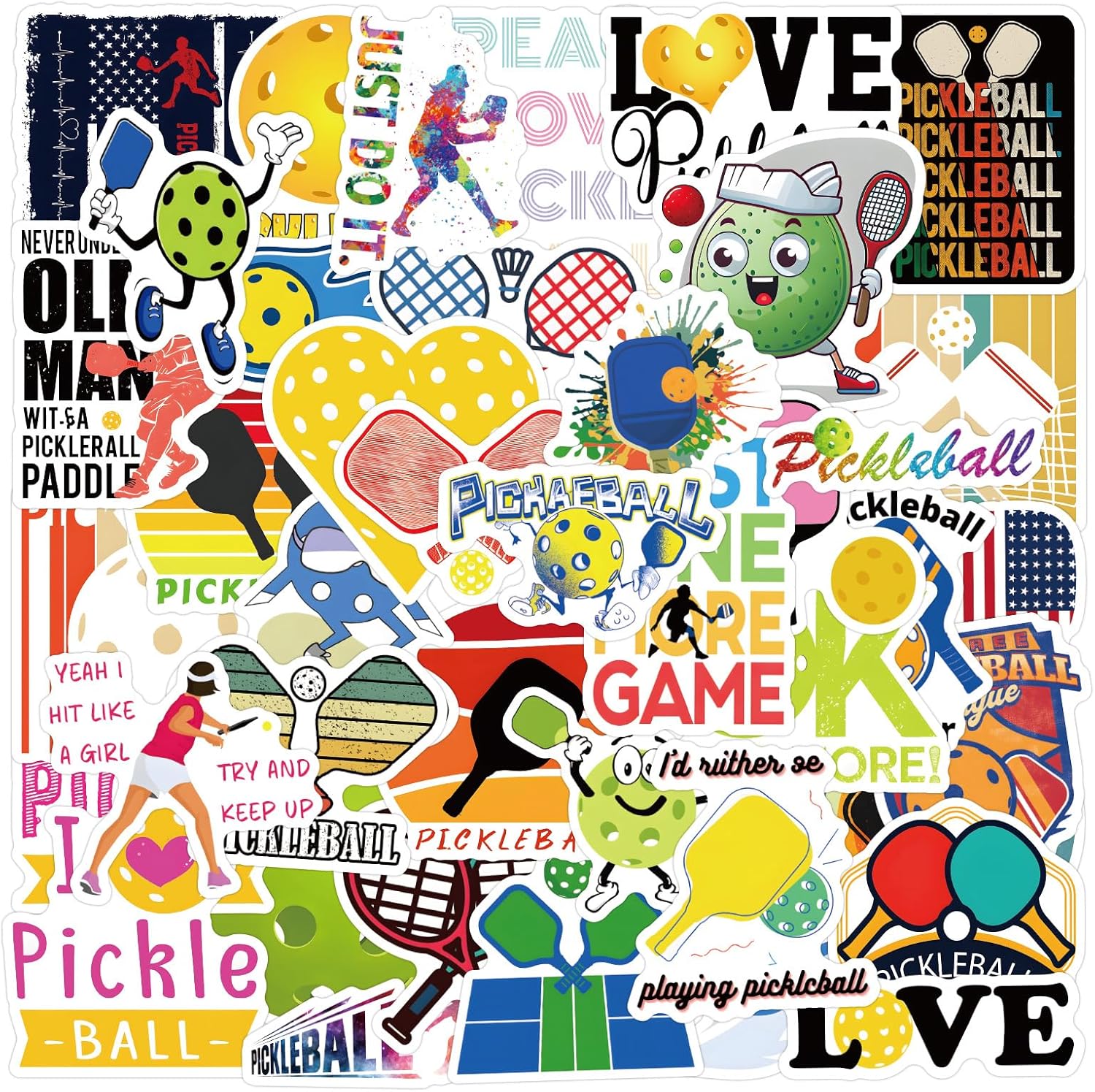 50 Pieces Pickleball Stickers, Pickleball Vinyl Stickers Decals for Water Bottle, Helmet, Laptop, Phone, Pickleball Gifts, Pickleball Party Favors, Sport Stickers for Kids Teens Boy