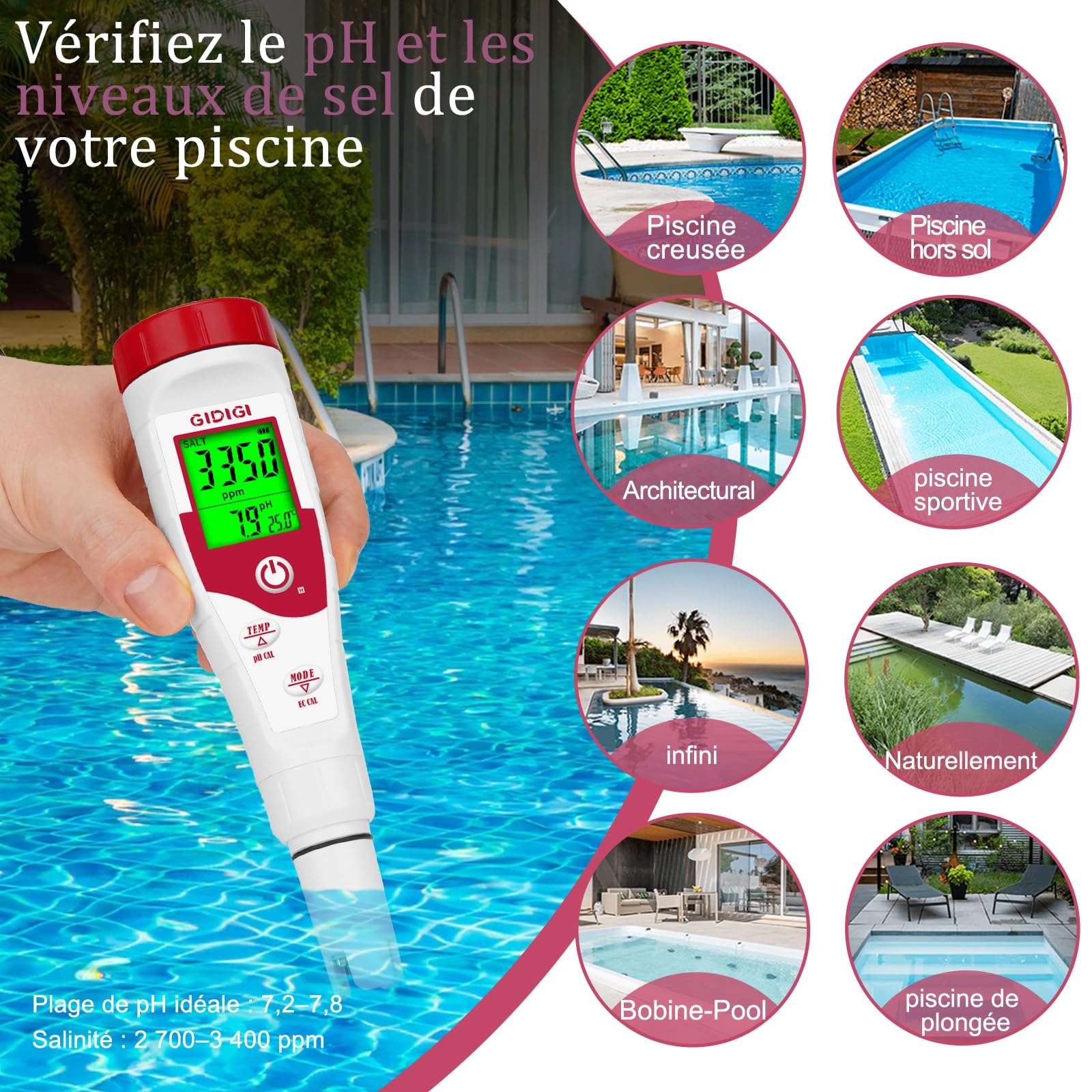 Mètre de pH pour piscine, testeur de sel, 5 en 1 mètre de salinité, affiche simultanément pH, TDS, EC, temp,sel, convient pour l'eau salée, bain à remous, spa, piscine, aquarium