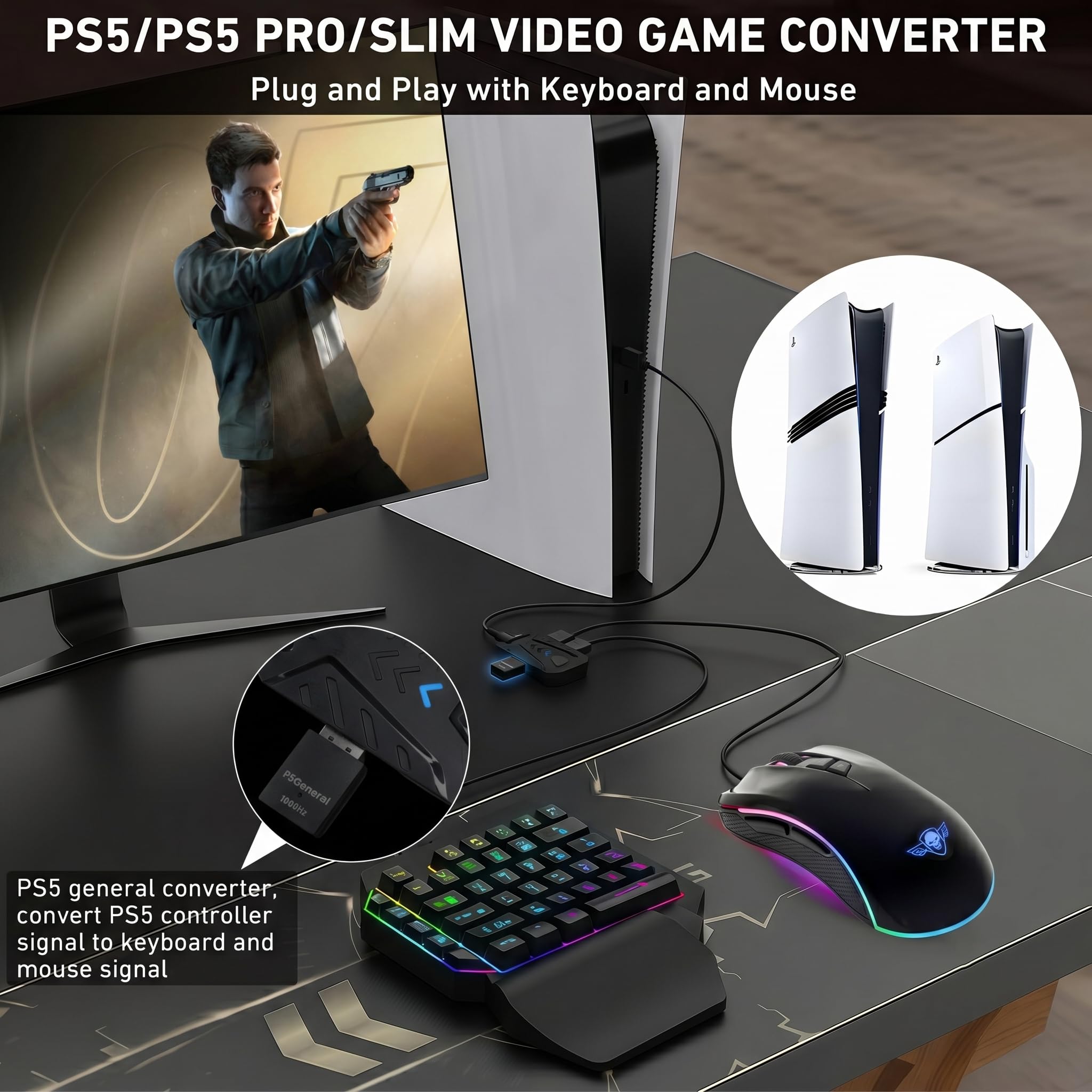 Megadream Convertidor de teclado y mouse para PS5/P5 Slim/PS5 Pro con adaptador general P5, retraso ultra bajo de 1000 Hz, soporta ajustar la sensibilidad del mouse, cambiar la tecla predeterminada