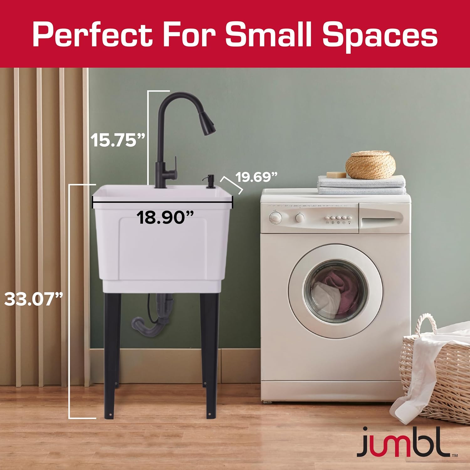 Jumbl Freestanding Utility Sink with Pull-Down Faucet | Laundry Room Tub with Gooseneck Sprayer, Single Handle Flow Control, Soap Dispenser, Drain Plug & Heavy-Duty Iron Legs with Levelers | White