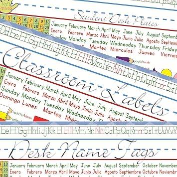 Classroom Name Plates, 25 Pack Reusable Desk Name Tags for Students with Manuscript & Cursive Alphabet, Teacher Supplies for Primary School, Nursery, Back to School 6.5x15 in, English & Spanish