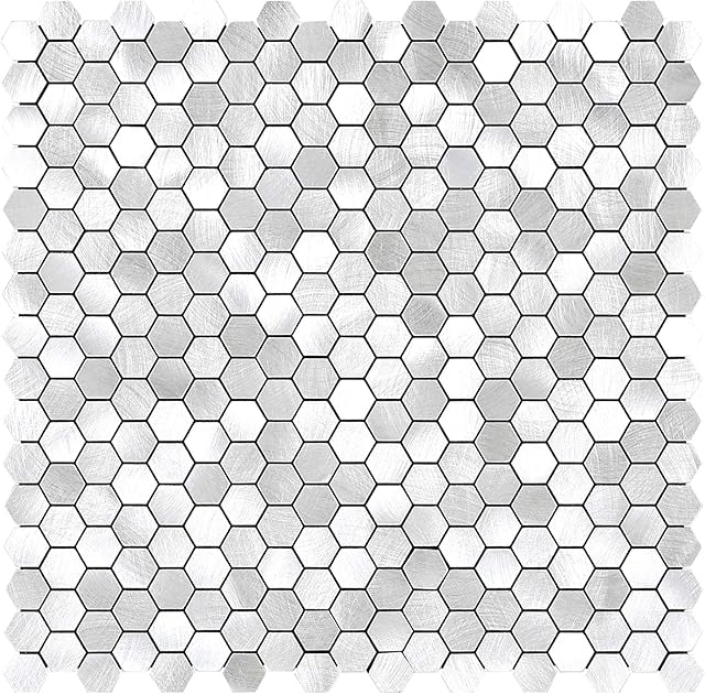BeNice Stick on Mosaic Tiles Kitchen Backsplash Stickers,Aluminium Tile Small Tiles Metal Hexagon Tiles Stickers(5sheets,Silver)