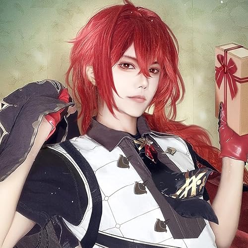 Miniatura 4 de LONAI Genshin Impact Pelucas para Diluc Cosplay peluca roja de disfraz con flequillo peluca esponjosa para fiesta de Halloween