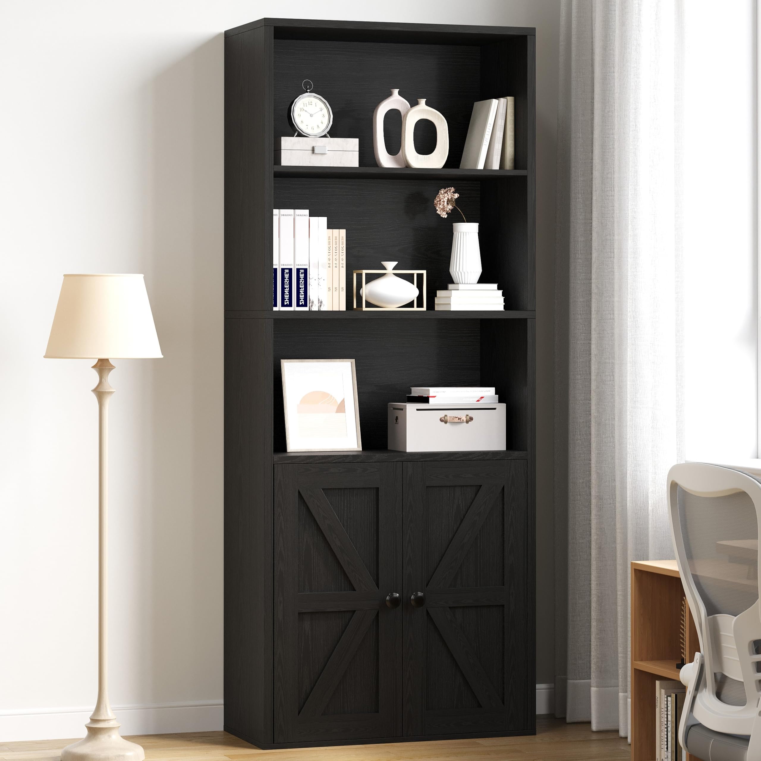 IRONCK Bookcase, 5-Tier Tall Bookshelf with Doors, 60x29.9x150cm, Black