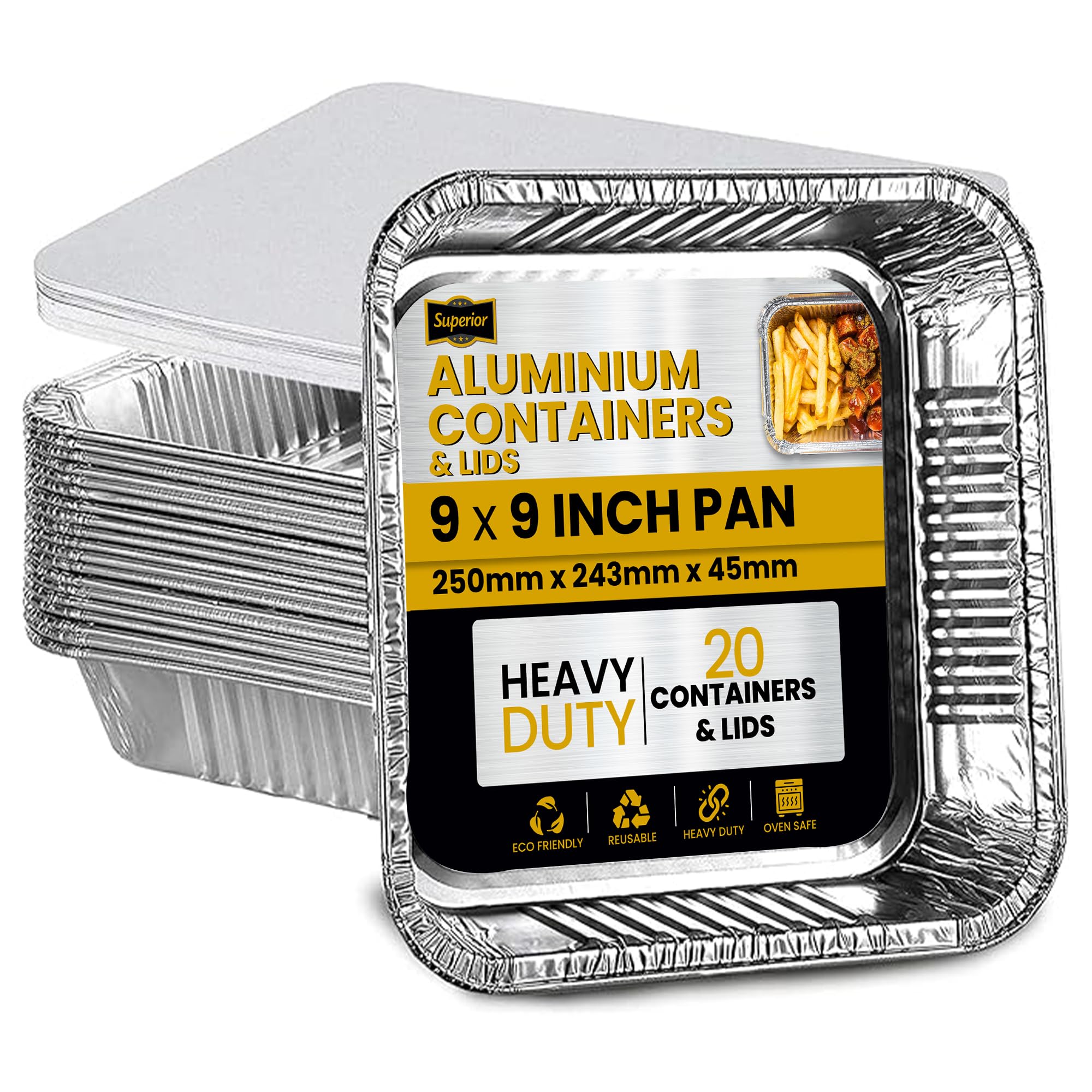 Superior Paquete de 20 bandejas de aluminio con tapas de papel, recipientes de aluminio resistentes para llevar, bandejas de aluminio aptas para congelador y horno, para hornear, cocinar, asar a la