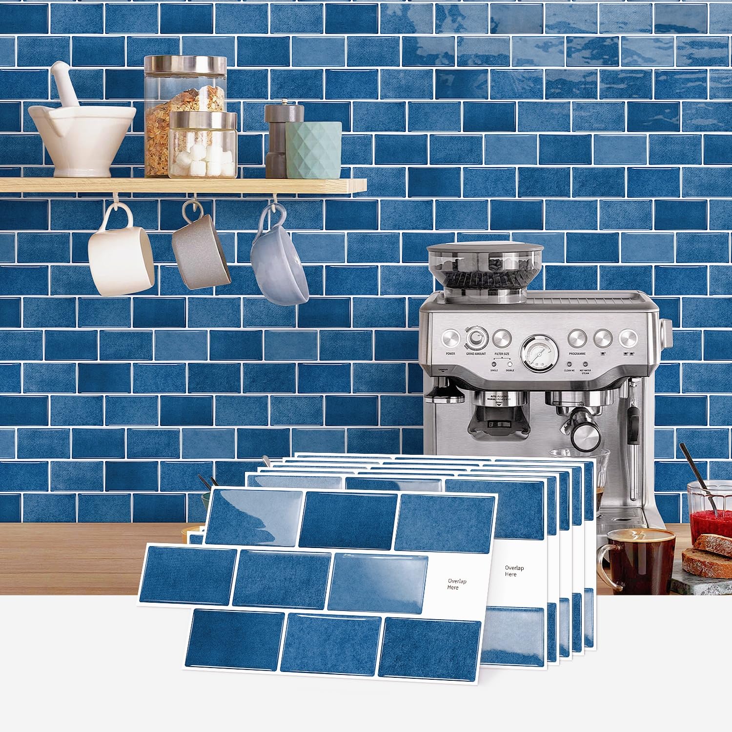10 Sheets Marble Effect Tile Stickers, Peel and Stick on Tiles for Kitchen Bathroom, Vinyl Wall Self Adhesive Tile Decals Covers Waterproof (Blue)