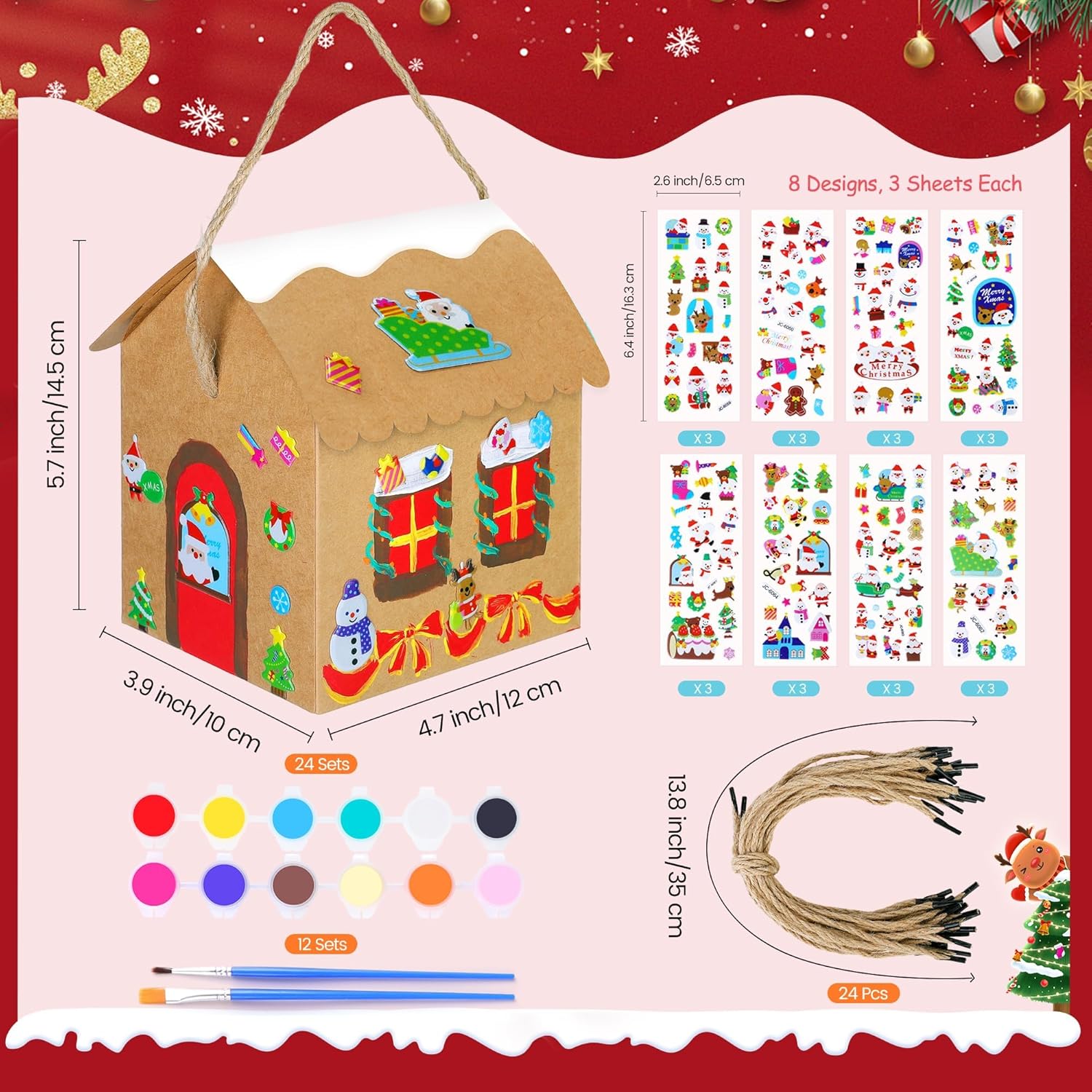 Elcoho 120 Pieces Christmas Gingerbread House Kit DIY Craft Xmas House Supplies Include Stickers Twine Paint Strips Brushes Christmas Kraft Cookies Candy Treat Gift Boxes for Xmas Holiday Party Decor