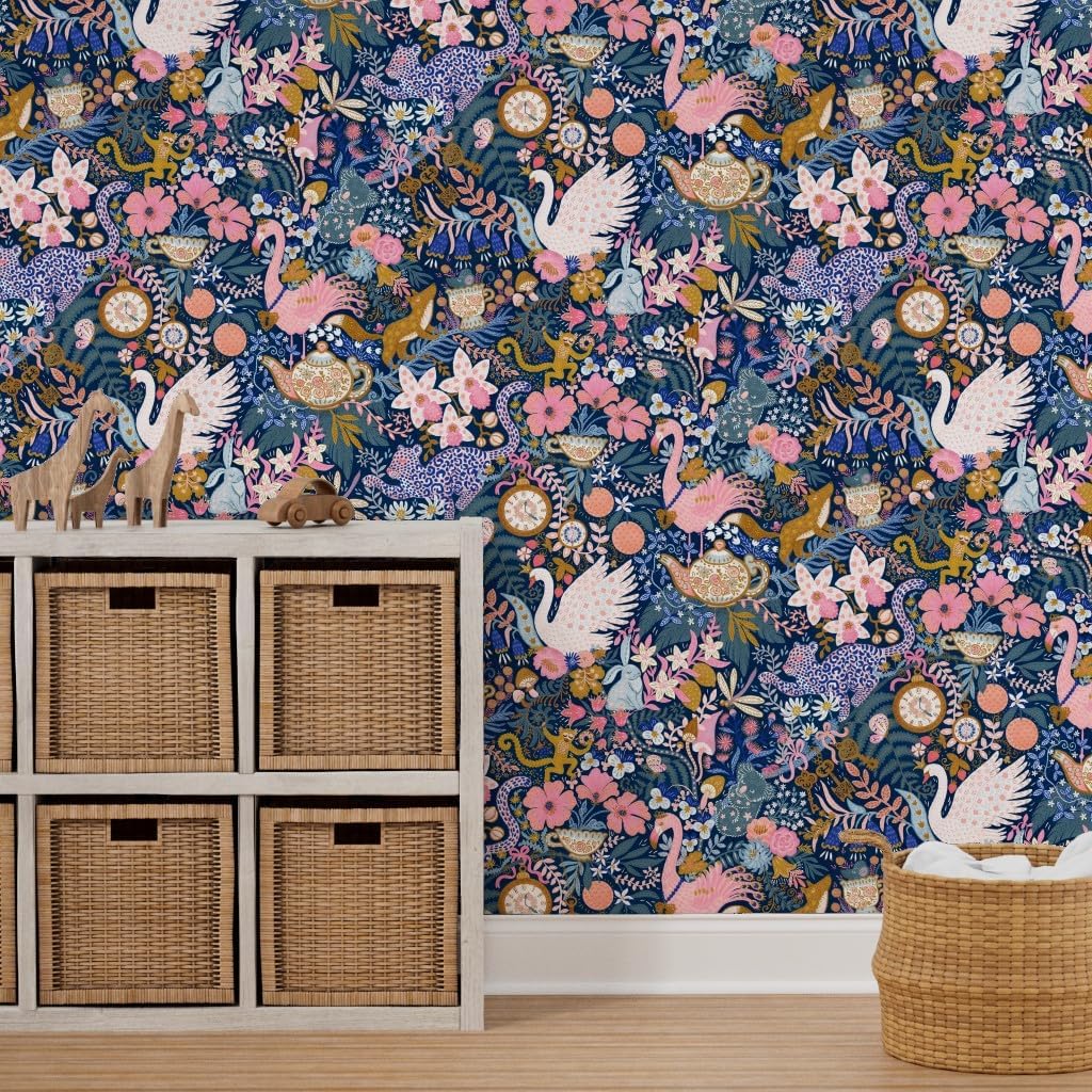 Peel & Stick Wallpaper 12ft x 2ft - maximalist,Tea Party,Whimsical Chintz,Pink Purple Mustard,Swans and Flamingos Custom Removable Wallpaper by Spoonflower