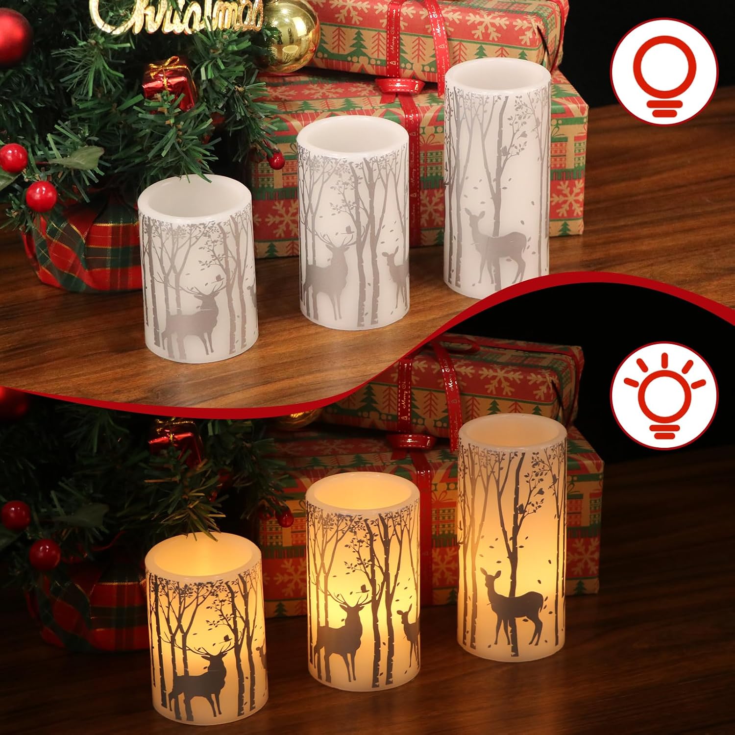 Eldnacele Christmas Flickering Flameless Candles with 6 Hour Timer, Silver Deer Decal Battery Operated Real Wax LED Pillar Candles Home Tabletop Holiday Decor(3Pcs,3×4/5/6 Inches)