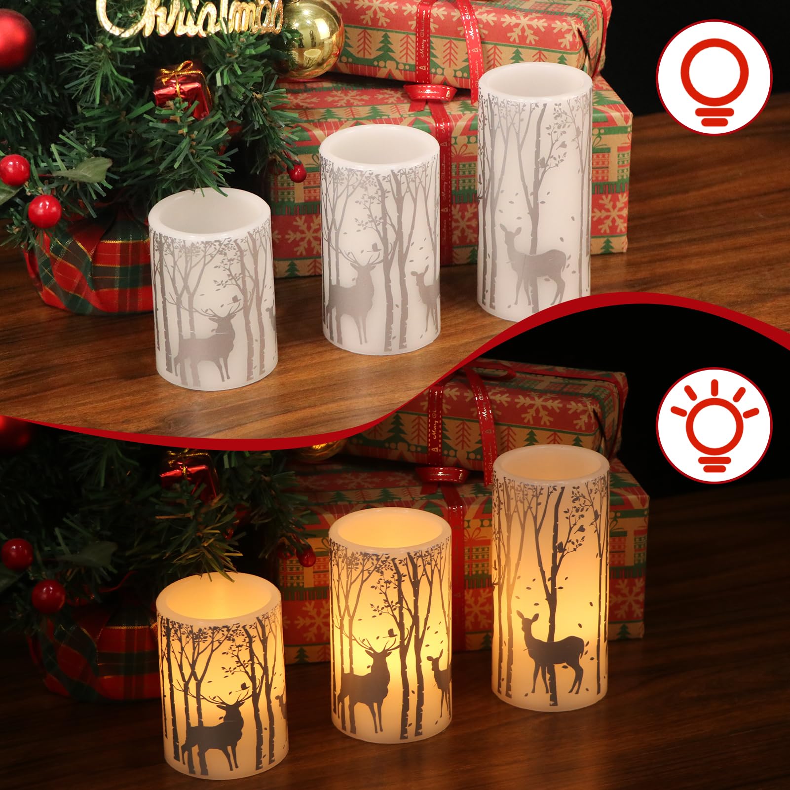 Candele tremolanti senza fiamma a forma di cervo argentato, funzionamento a batteria con timer 6H, confezione da 3 candele a colonna in vera cera a luce calda, a LED, decorazione per cena,