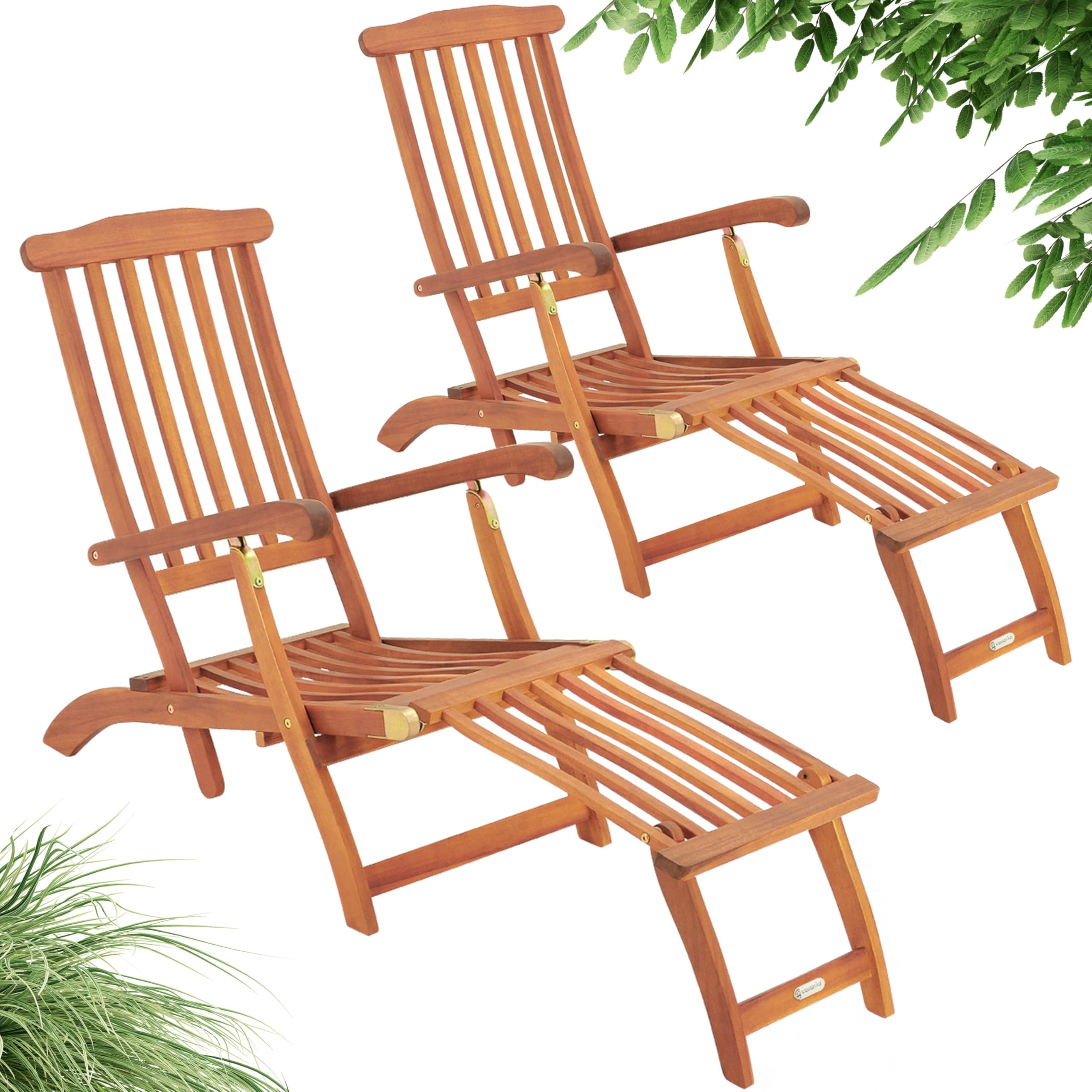 CASARIA® Queen Mary Sun Loungers Set of 2 | FSC®-Certified Acacia Wood | 160kg Load Capacity | Weatherproof Wooden Garden Lounger With Armrests | Adjustable Footrest Section