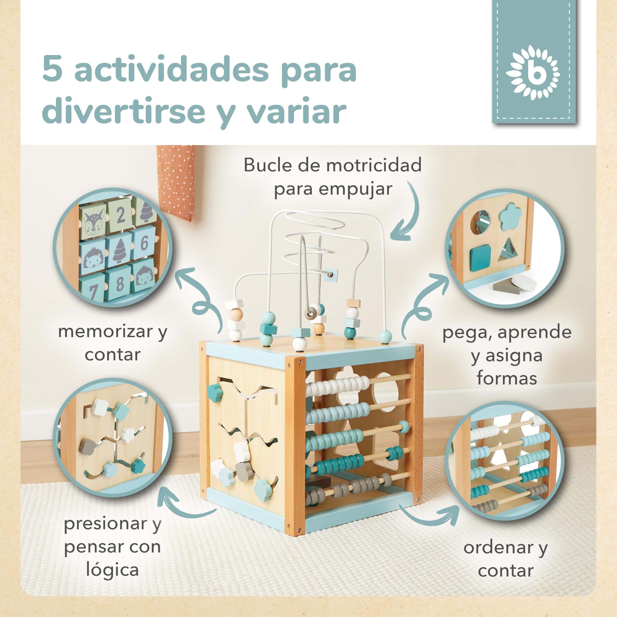 Bieco Cubo de motor XXL Scandi-Chic | Juguete de motricidad a partir de 1 año | Centro de actividad para bebés de 1 año | lazo de madera para bebés a partir de 1 año