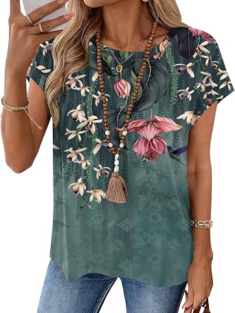 LOMON Womens Summer Tops Short Sleeve Shirts Cap Sleeve Tops Crew Neck Cute Trendy Tunic Blouses Dressy Casual Outfits 2026