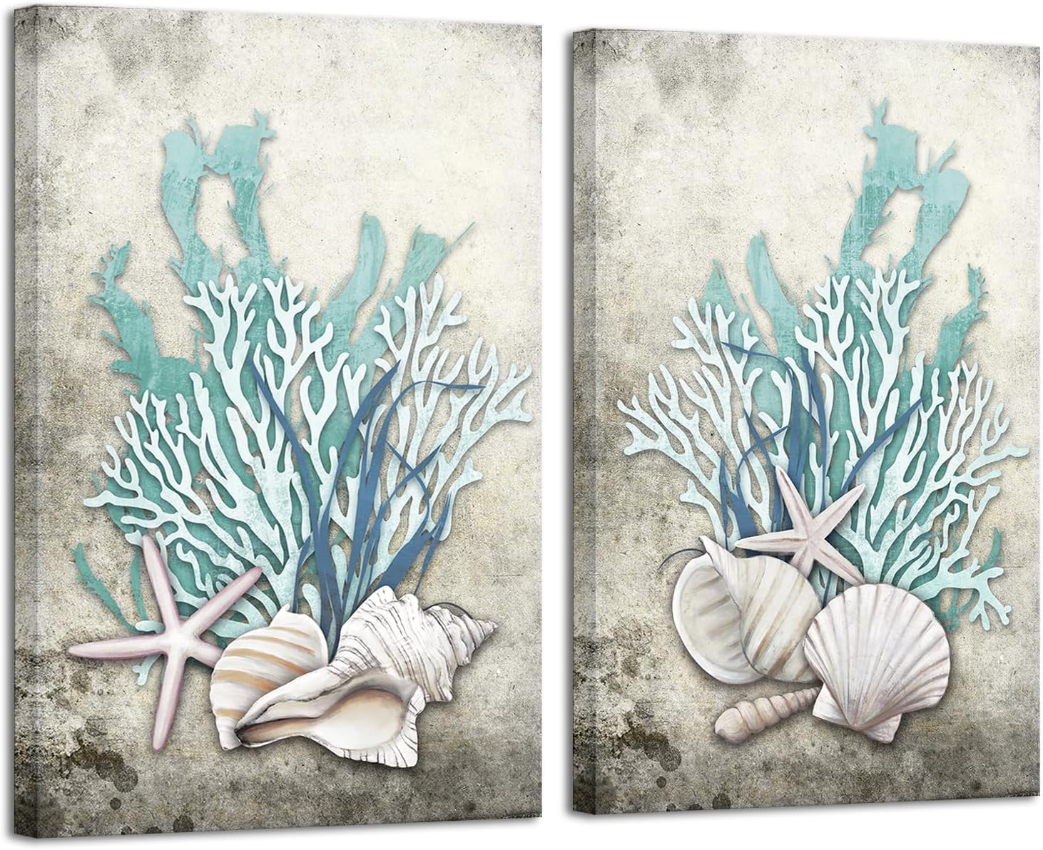 iHAPPYWALL 2 Pieces Set Ocean Theme Canvas Wall Art Coastal Shell Starfish Coral Conch Picture for Bathroom Kitchen Office Living Room Decor Ready to Hang 16x24inchx2pcs