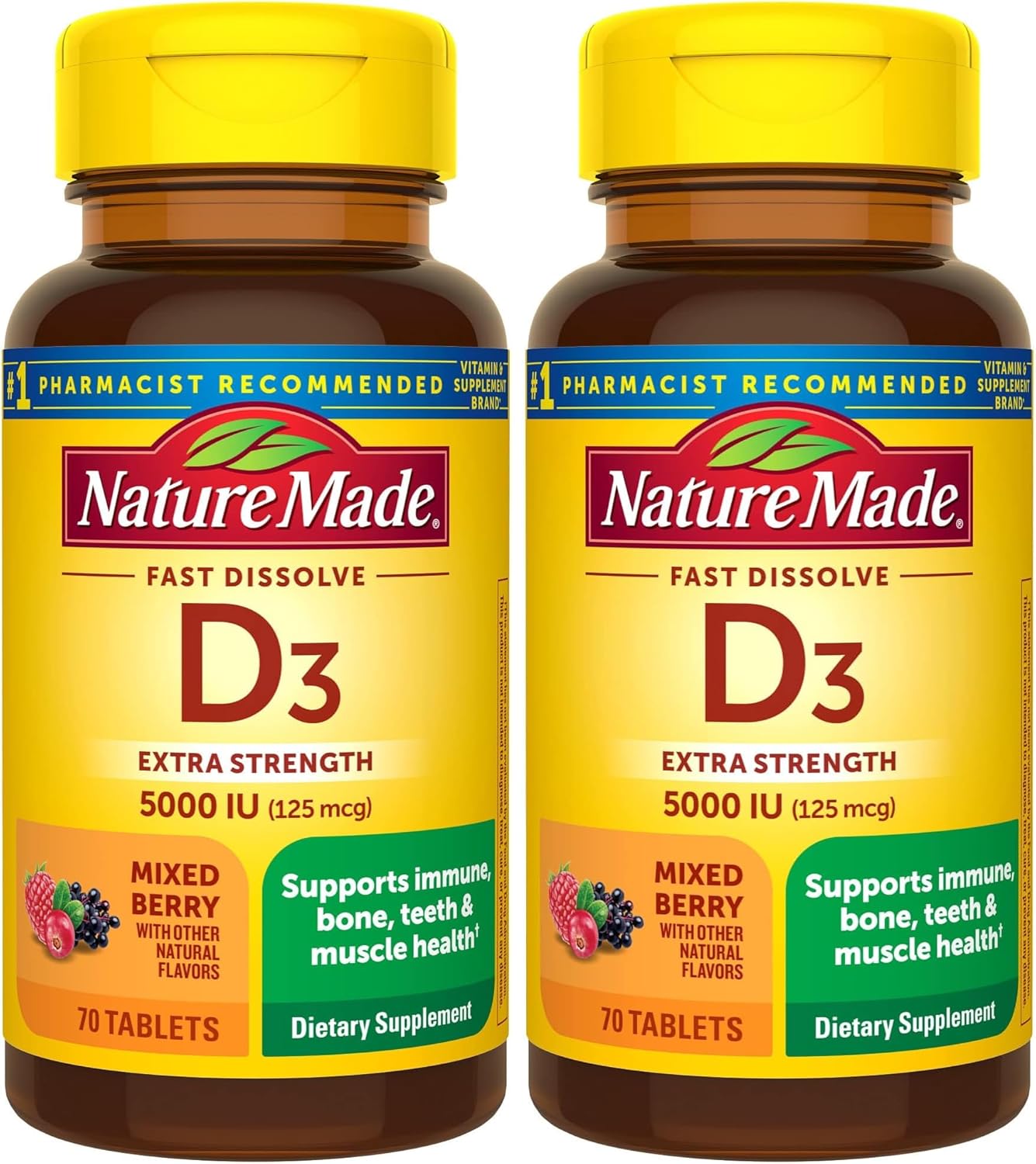 Nature Made Vitamin D3 5000 IU (125 mcg) Extra Strength, Vitamin D Supplement for Immune Support, 70 Sugar Free Fast Dissolve Tablets, 70 Day Supply, (Pack of 2)